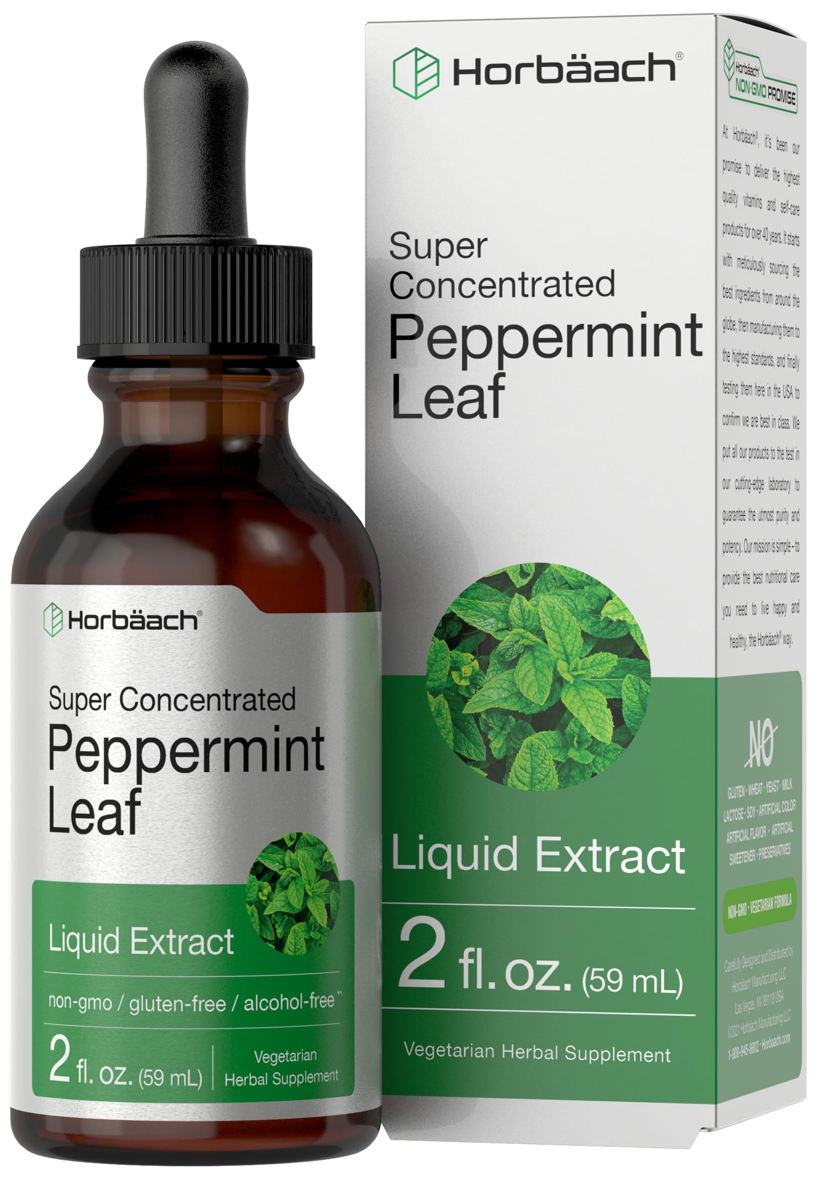 Horbäach Peppermint Leaf Extract Liquid | 2 Fl Oz | Alcohol Free Drops | Vegetarian | Non-GMO & Gluten Free Herbal Supplement