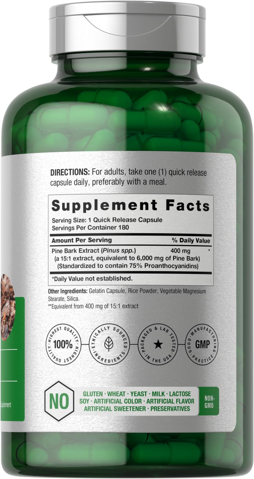 Horbäach Pine Bark Extract | 180 Capsules | Standardized to Contain 75% Proanthocyanidins | Non-GMO, Gluten Free Supplement | High Potency - Image 2