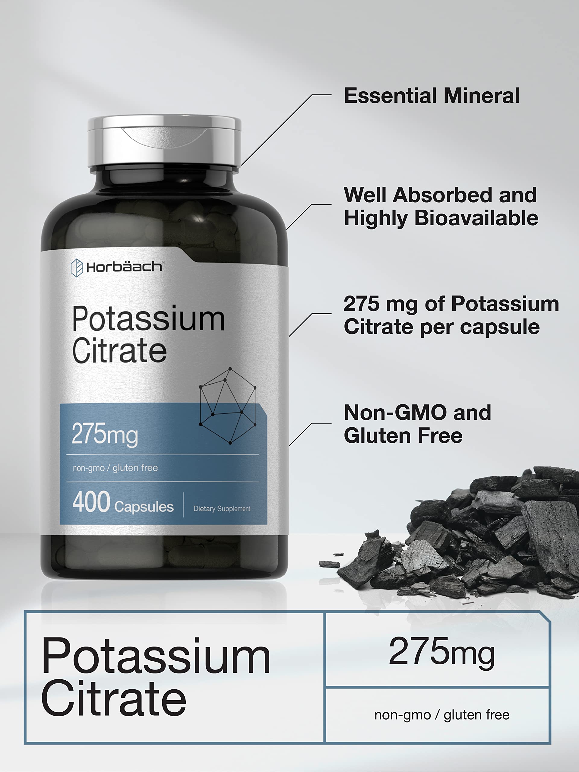 Horbäach Potassium Citrate Supplement 275 mg | 400 Capsules | Non-GMO, Gluten Free - Image 3