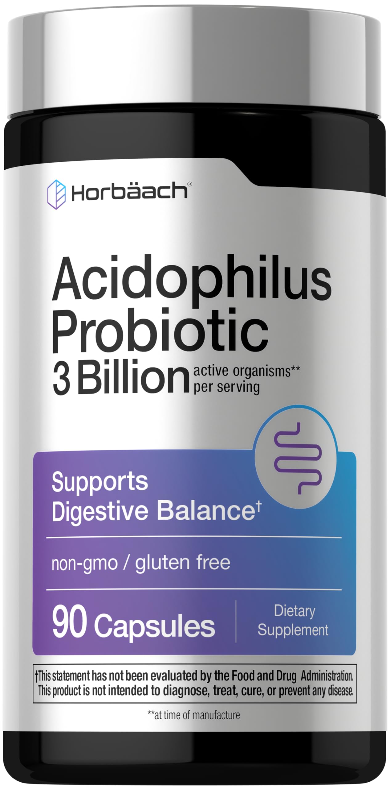 Horbäach Probiotic for Women & Men's Digestive Health | 3 Billion CFU | 90 Capsules | Non-GMO & Gluten Free
