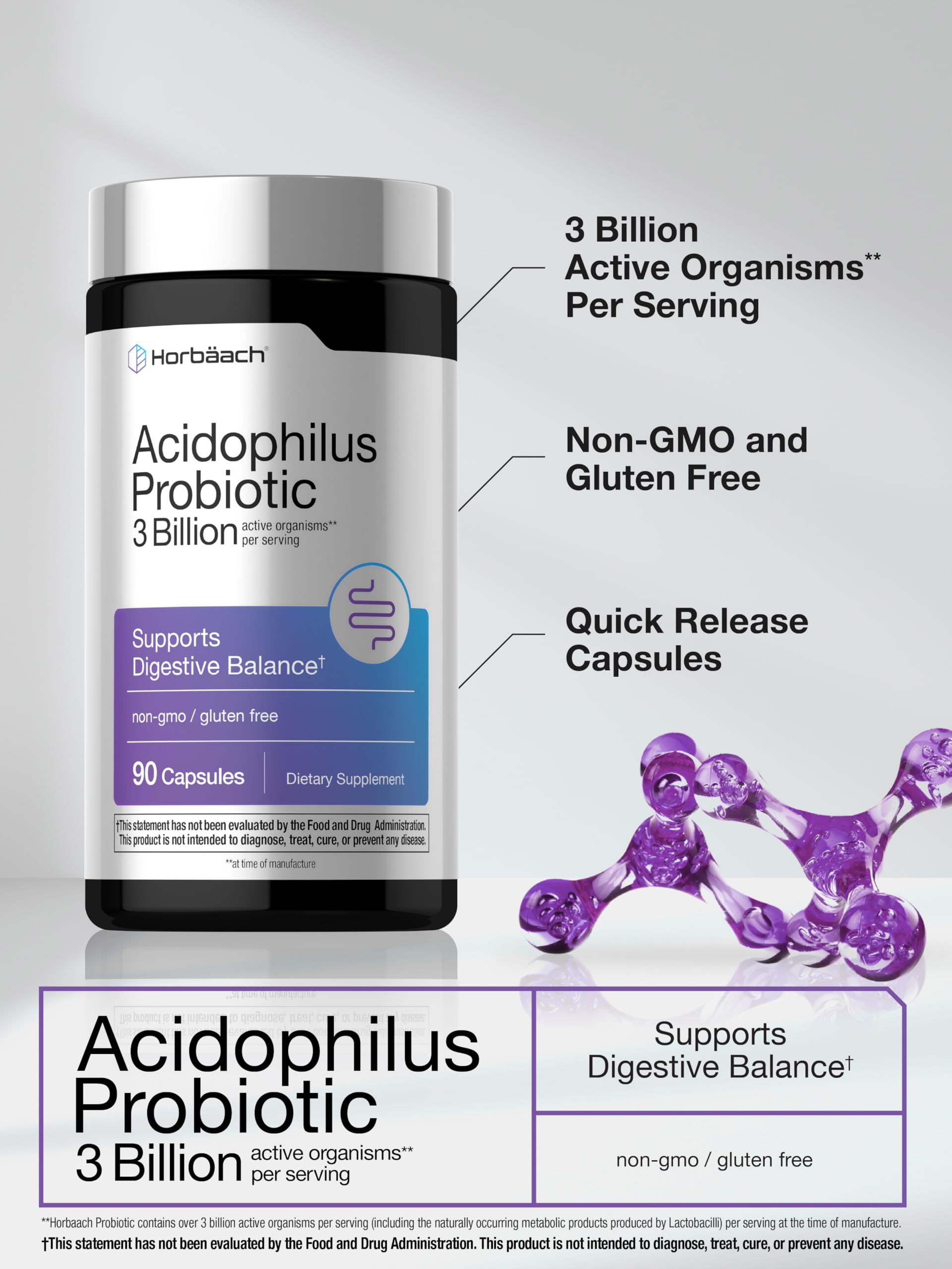 Horbäach Probiotic for Women & Men's Digestive Health | 3 Billion CFU | 90 Capsules | Non-GMO & Gluten Free - Image 4