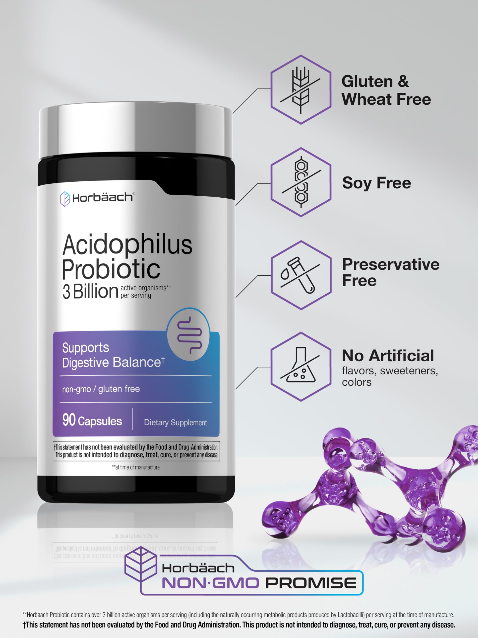 Horbäach Probiotic for Women & Men's Digestive Health | 3 Billion CFU | 90 Capsules | Non-GMO & Gluten Free - Image 5