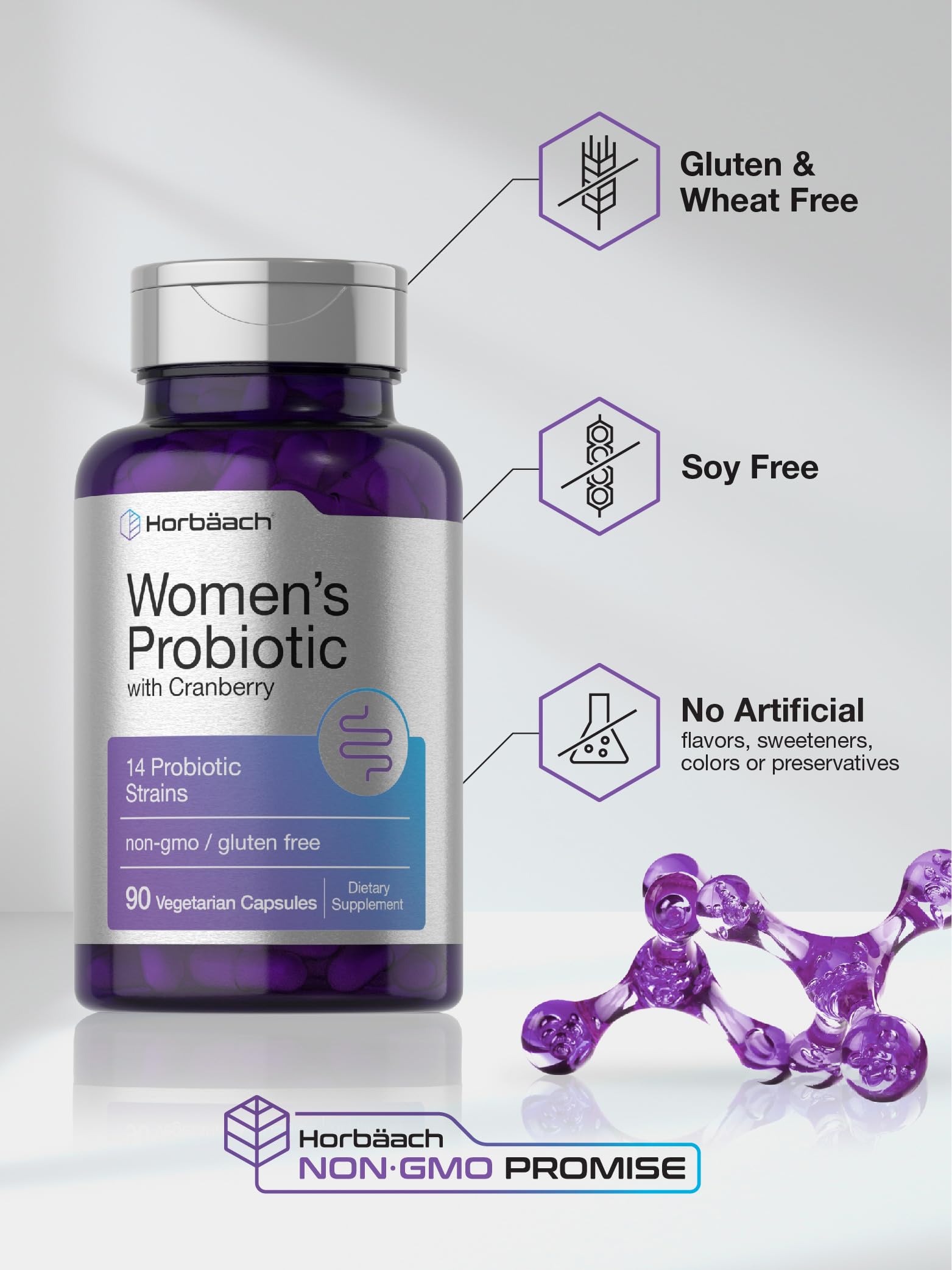 Horbäach Probiotic for Women with Cranberry | 90 Vegetarian Capsules | Dietary Supplement with 14 Probiotic Strains | Non-GMO, Gluten Free Supplement - Image 5
