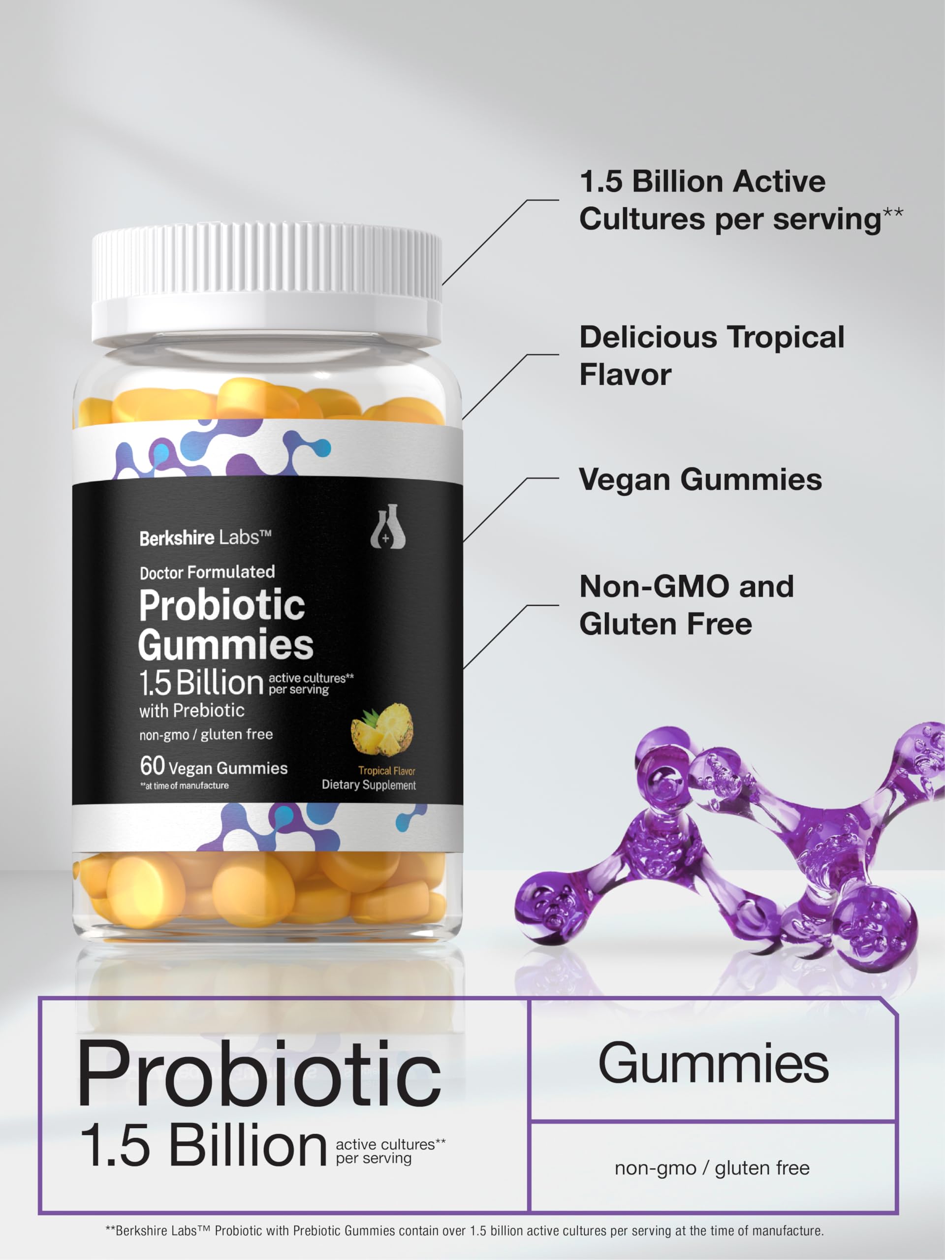 Horbäach Probiotic Gummies 1.5 Billion CFU | 60 Count | with Prebiotic for Women and Men | Tropical Flavor | Doctor Formulated | Vegan, Non-GMO & Gluten Free | Berkshire Labs - Image 4