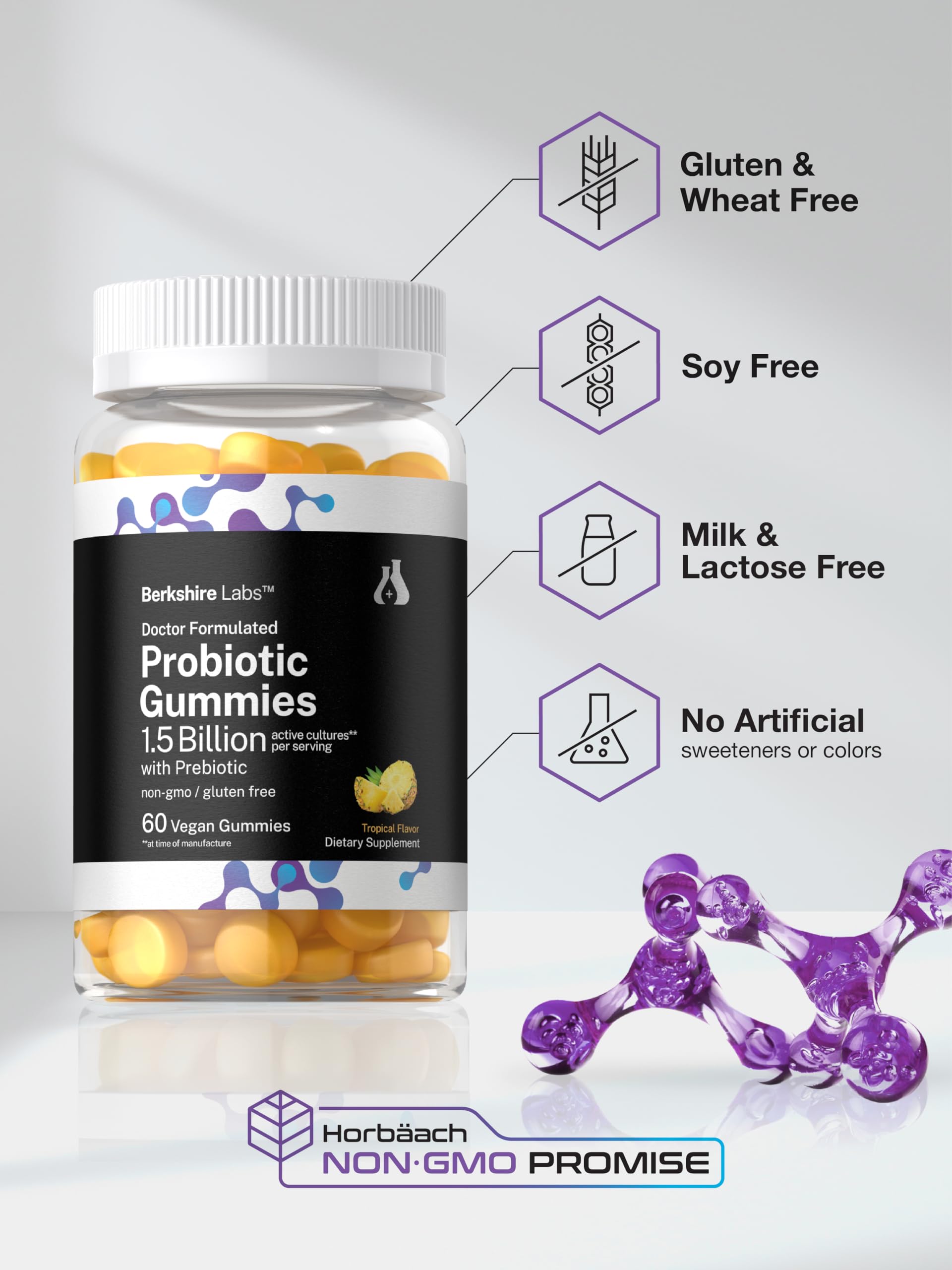 Horbäach Probiotic Gummies 1.5 Billion CFU | 60 Count | with Prebiotic for Women and Men | Tropical Flavor | Doctor Formulated | Vegan, Non-GMO & Gluten Free | Berkshire Labs - Image 5