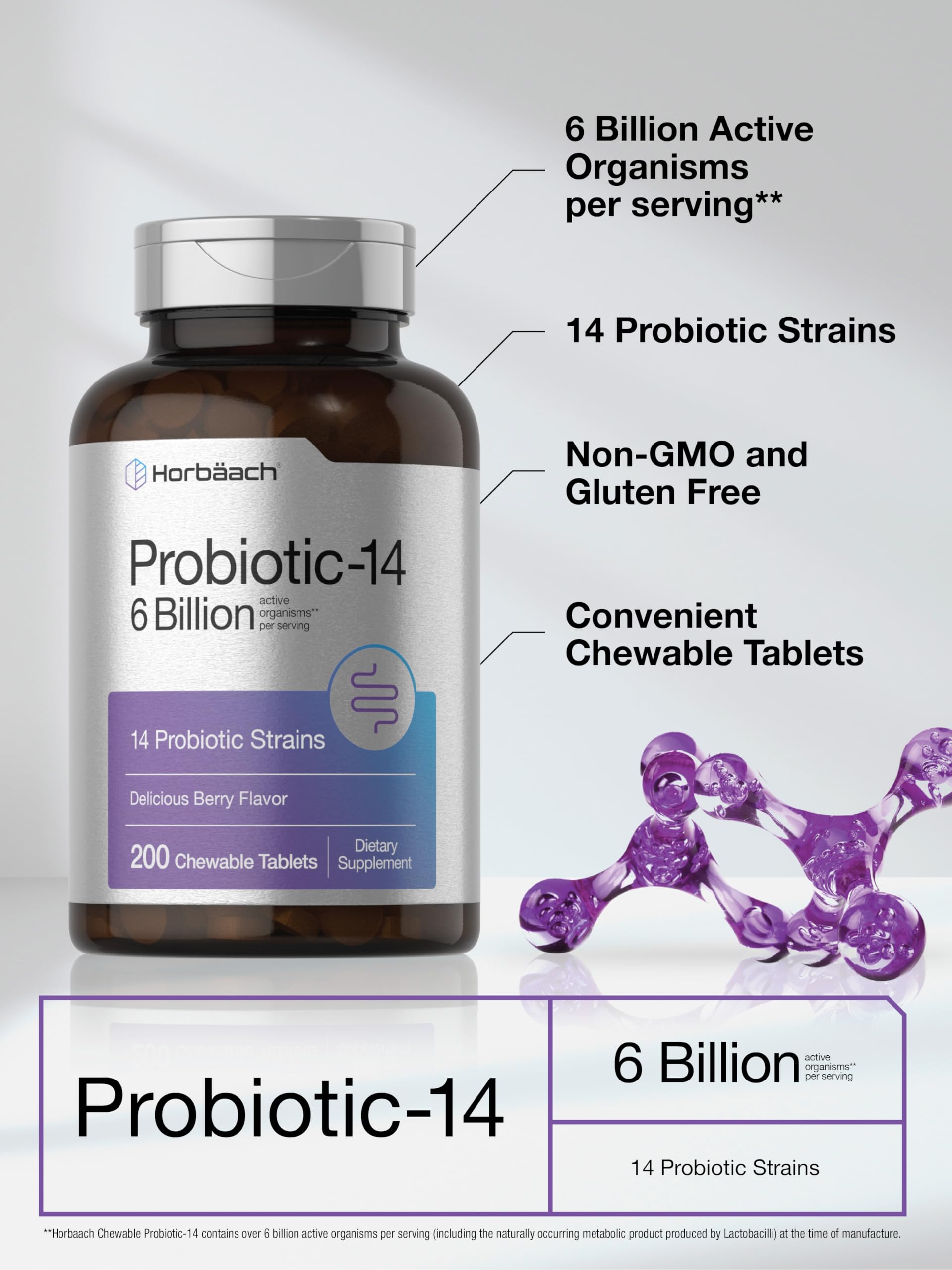 Horbäach Probiotics 6 Billion CFUs | 200 Chewable Tablets | Berry Flavor | 14 Probiotic Strains | Vegetarian, Non-GMO & Gluten Free Supplement for Men & Women - Image 4