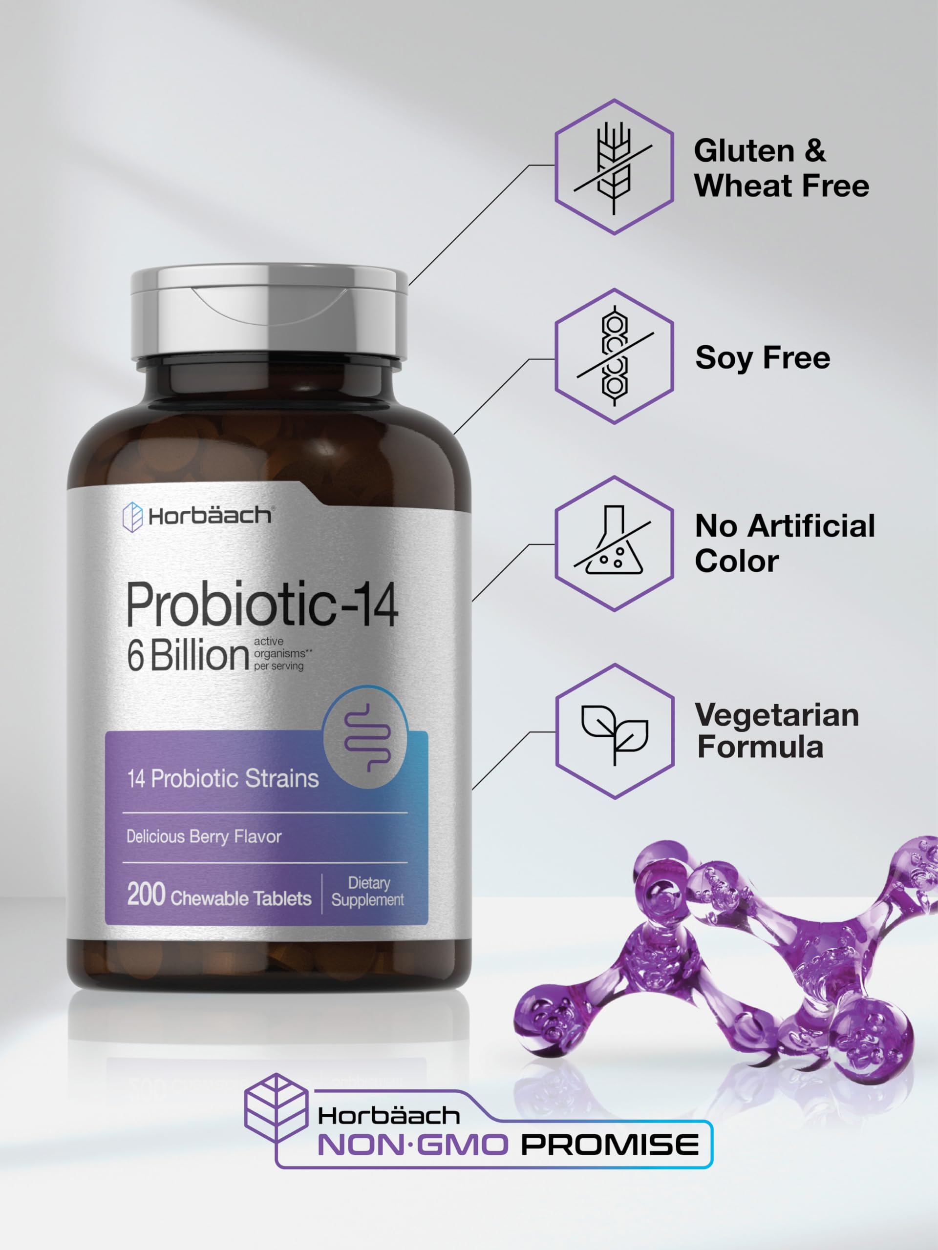 Horbäach Probiotics 6 Billion CFUs | 200 Chewable Tablets | Berry Flavor | 14 Probiotic Strains | Vegetarian, Non-GMO & Gluten Free Supplement for Men & Women - Image 5
