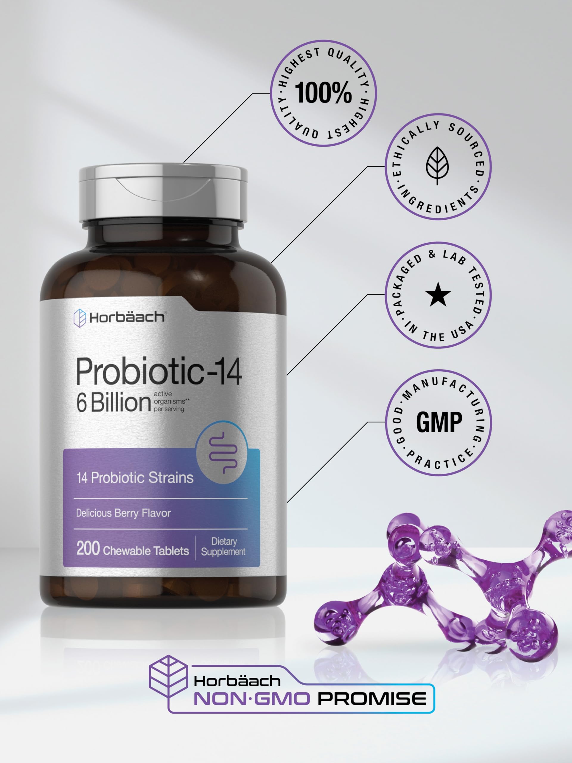 Horbäach Probiotics 6 Billion CFUs | 200 Chewable Tablets | Berry Flavor | 14 Probiotic Strains | Vegetarian, Non-GMO & Gluten Free Supplement for Men & Women - Image 6