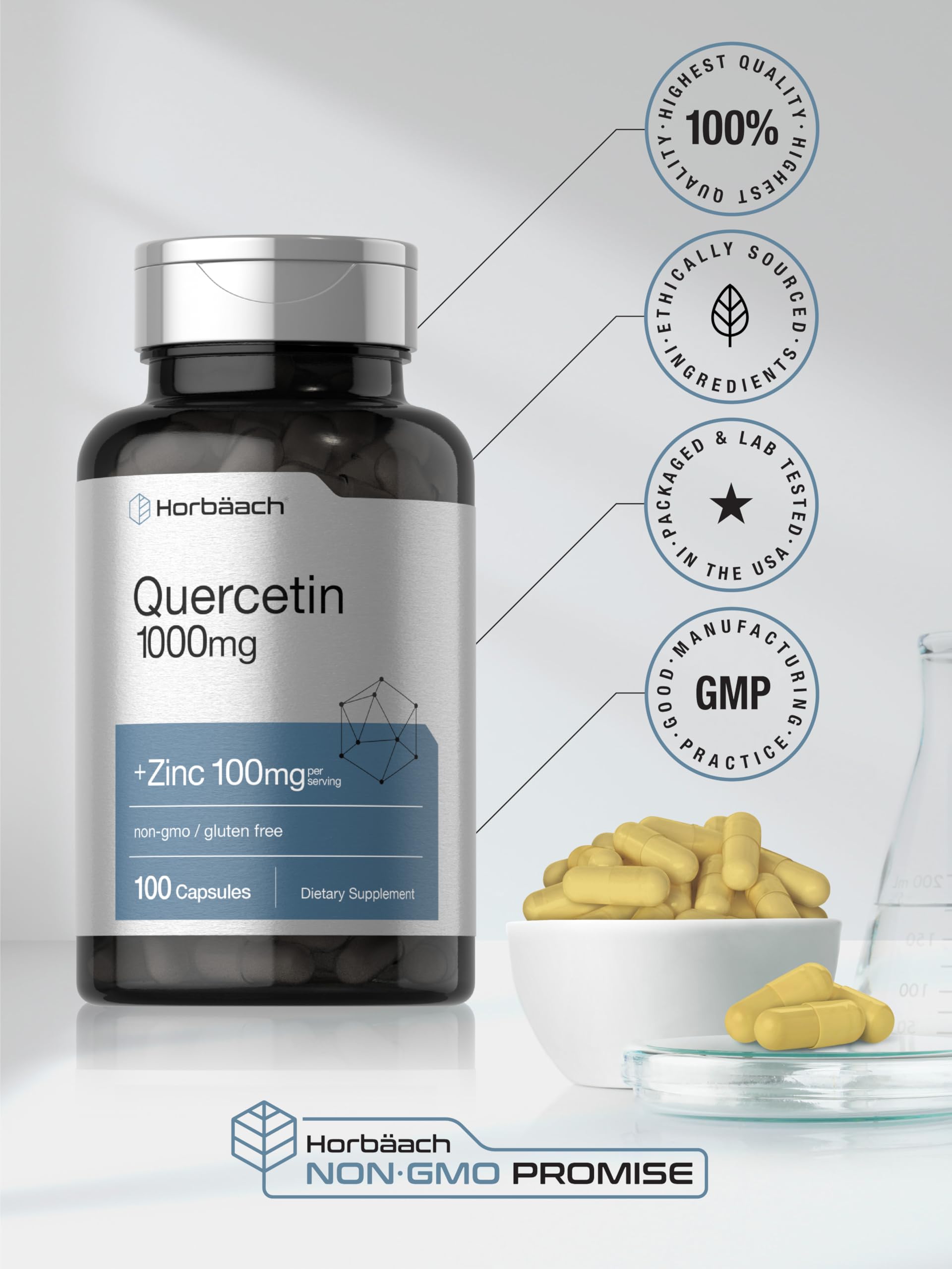 Horbäach Quercetin 1000mg | 100 Capsules | with 100mg Zinc | Non-GMO, Gluten Free Supplement | High Potency Formula - Image 6