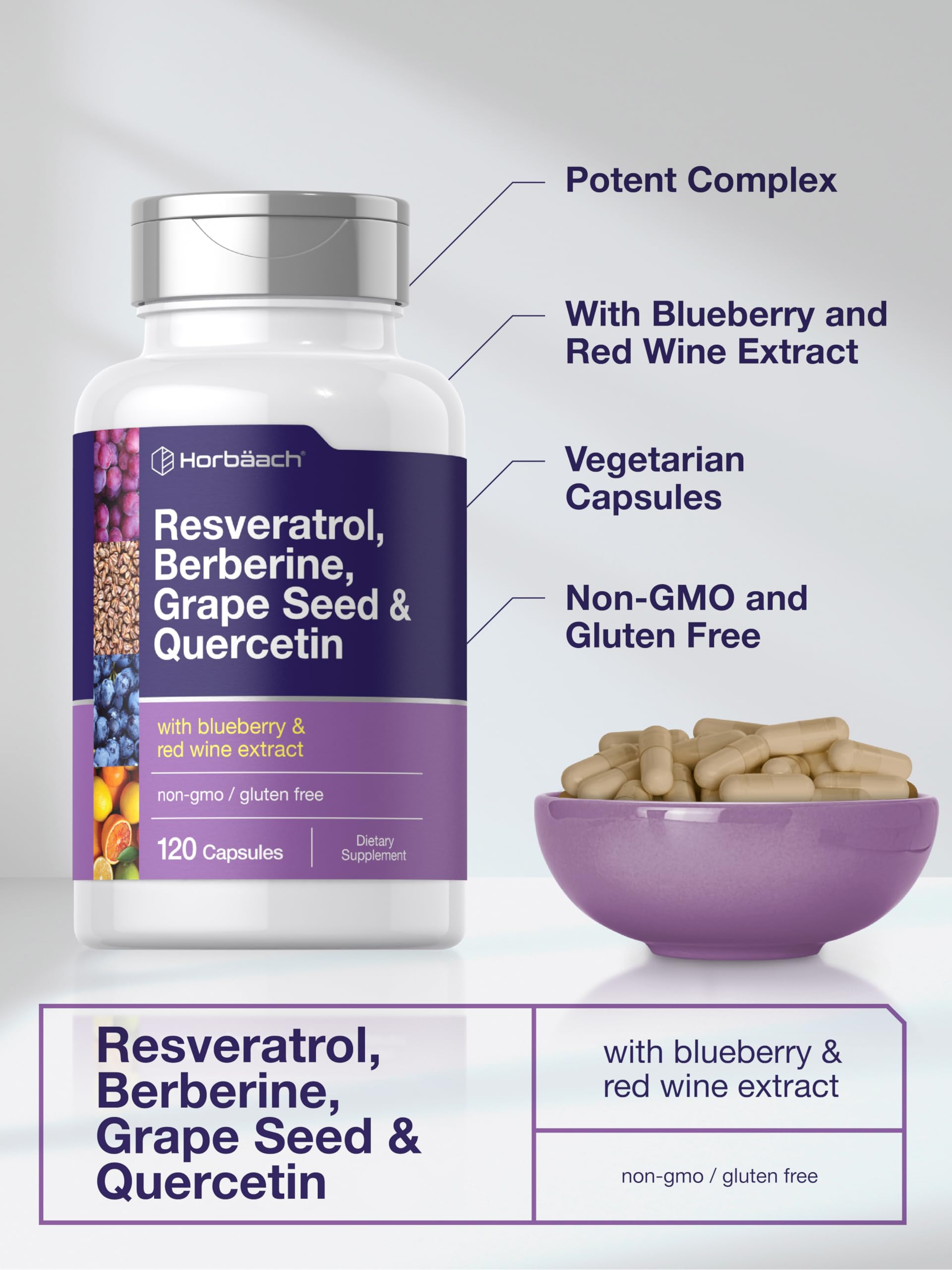 Horbäach Resveratrol Berberine Grape Seed & Quercetin | with Blueberry & Red Wine Extract | 120 Capsules | Non-GMO, Gluten Free & Vegetarian Supplement - Image 4