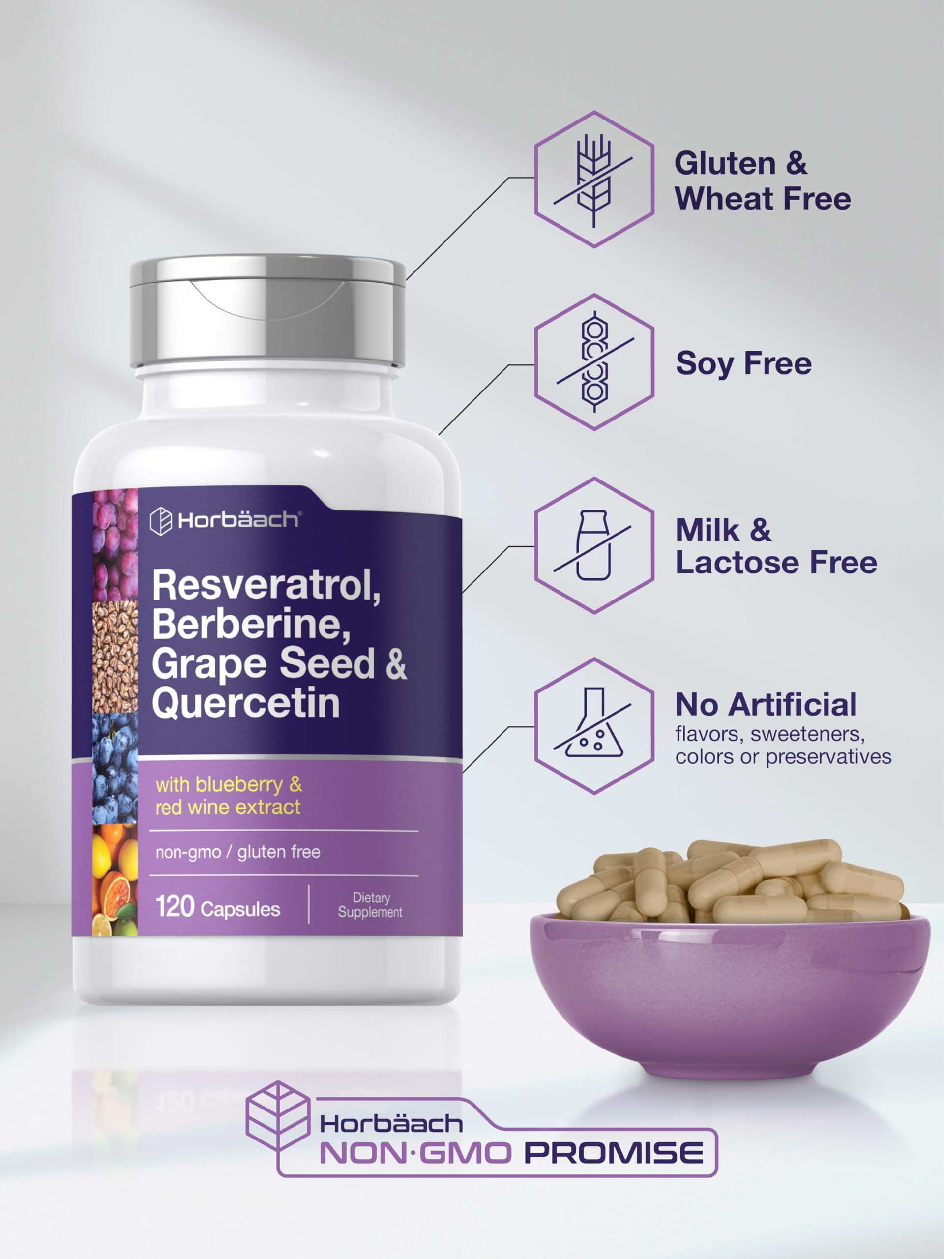 Horbäach Resveratrol Berberine Grape Seed & Quercetin | with Blueberry & Red Wine Extract | 120 Capsules | Non-GMO, Gluten Free & Vegetarian Supplement - Image 5