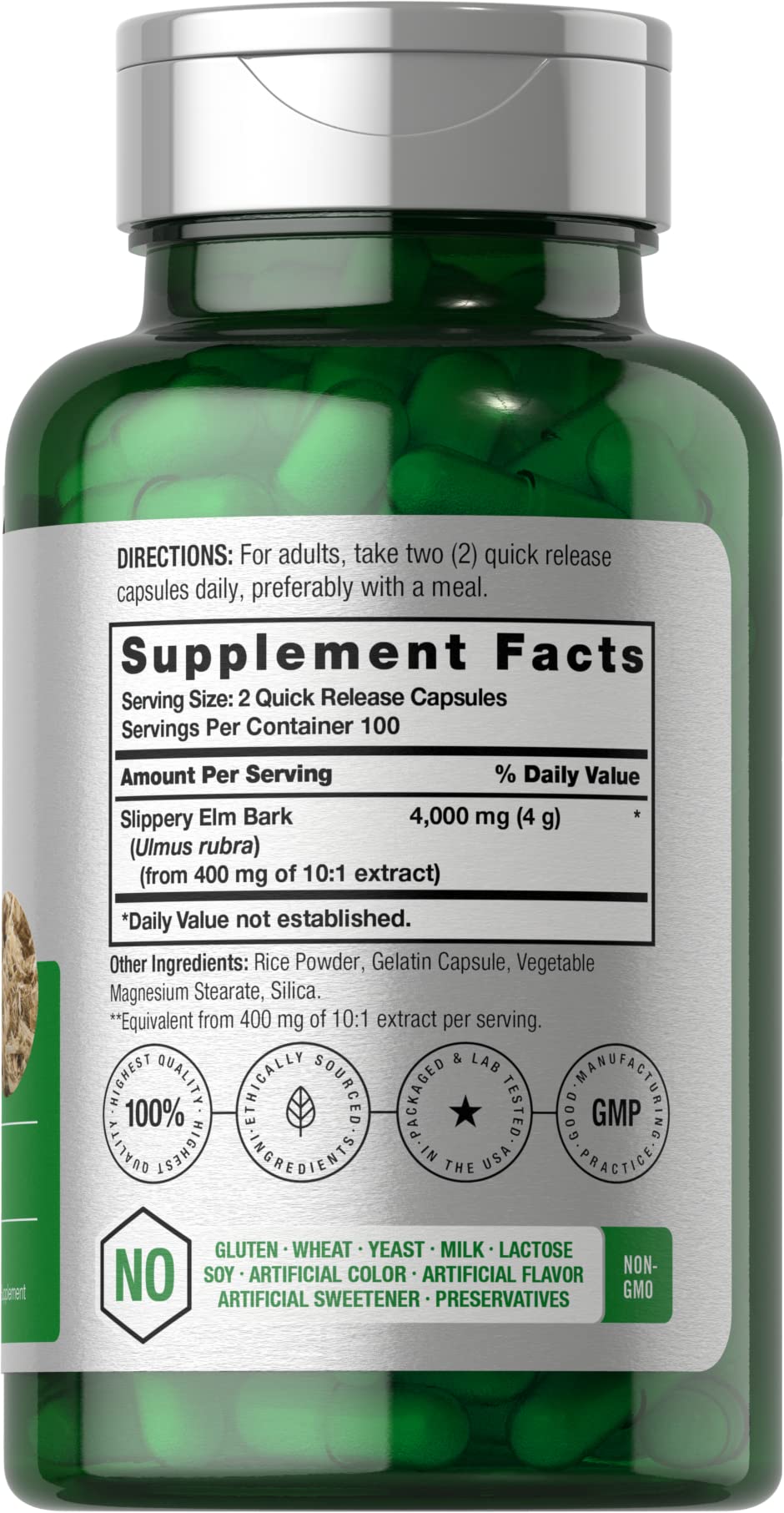 Horbäach Slippery Elm Bark Capsules | 200 Count | Non-GMO & Gluten Free - Image 2