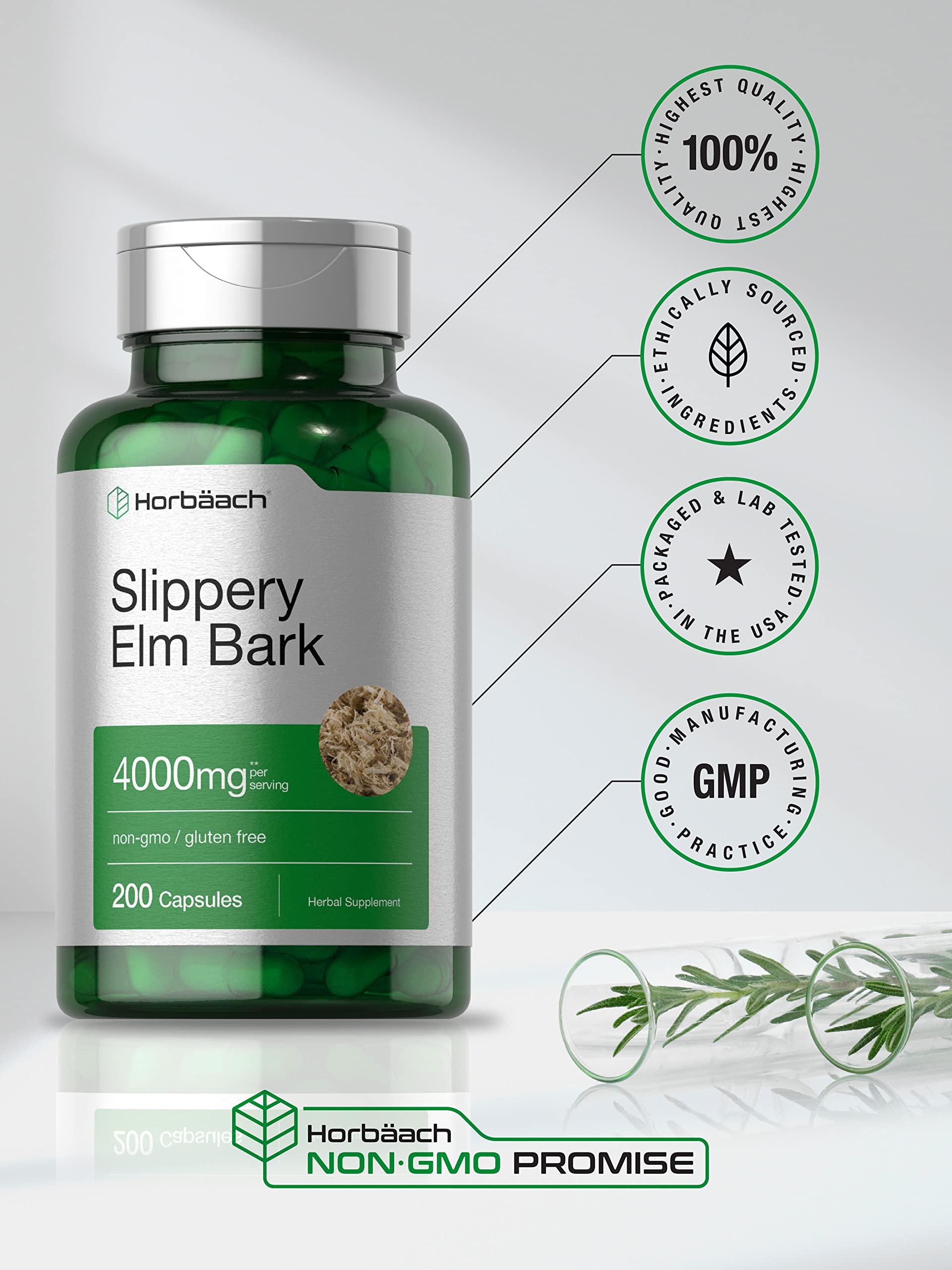 Horbäach Slippery Elm Bark Capsules | 200 Count | Non-GMO & Gluten Free - Image 5