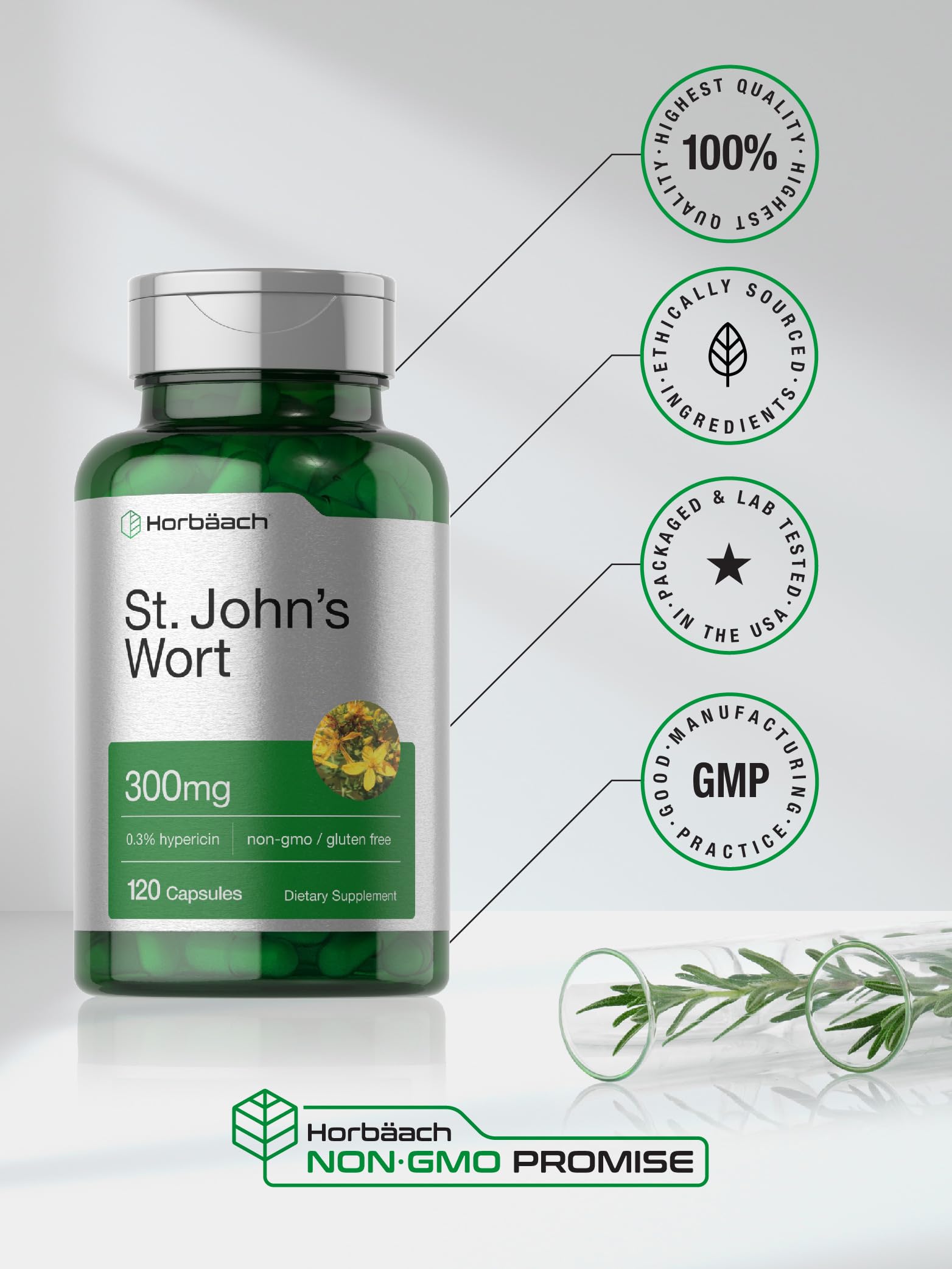 Horbäach St John's Wort Capsules 300mg | 120 Count | Non-GMO, Gluten Free | Herbal Extract - Image 6