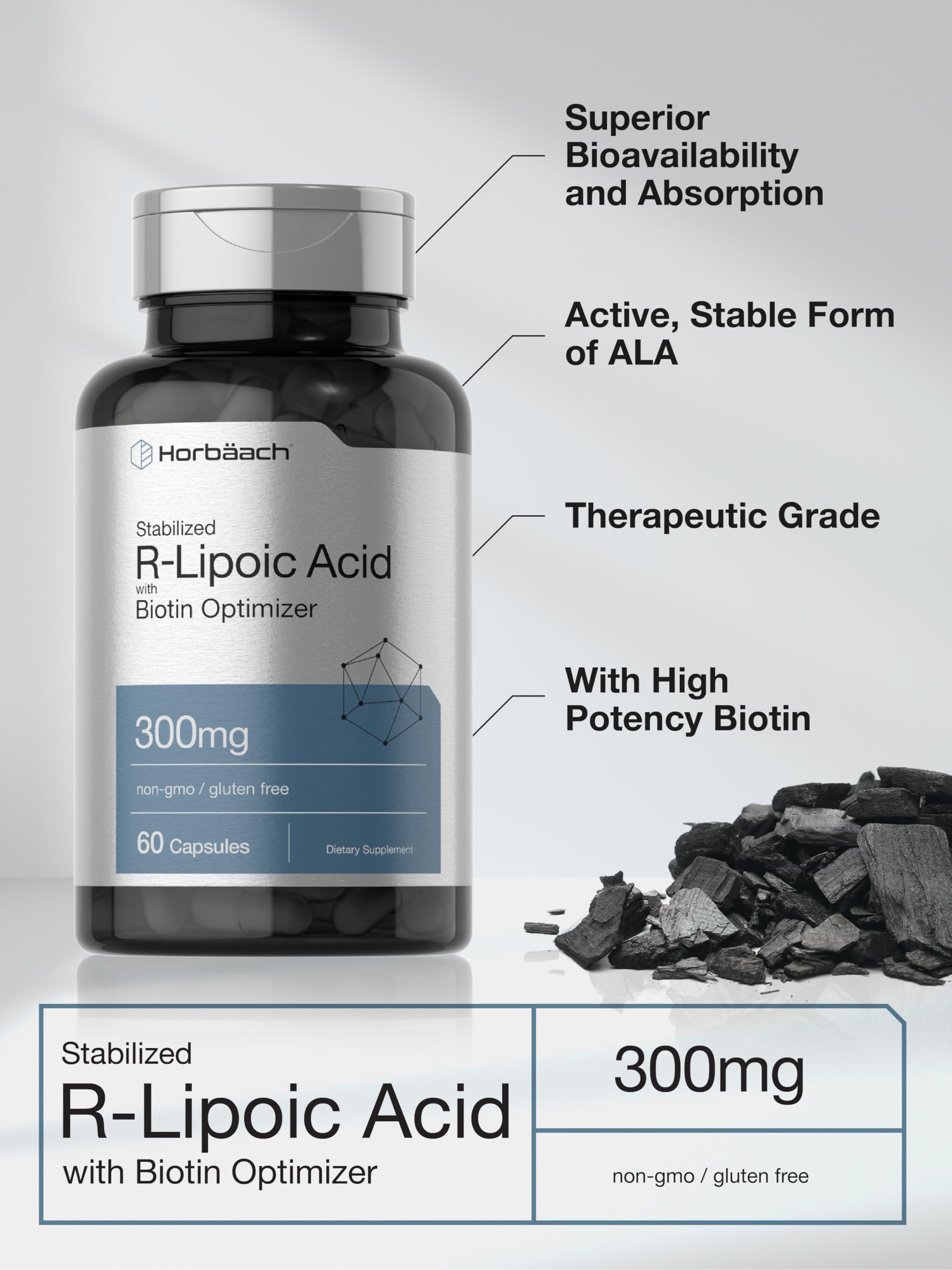 Horbäach Stabilized R-Lipoic Acid 300mg | 60 Capsules | with Biotin Optimizer | Non-GMO, Gluten Free | Na-RALA Supplement - Image 4