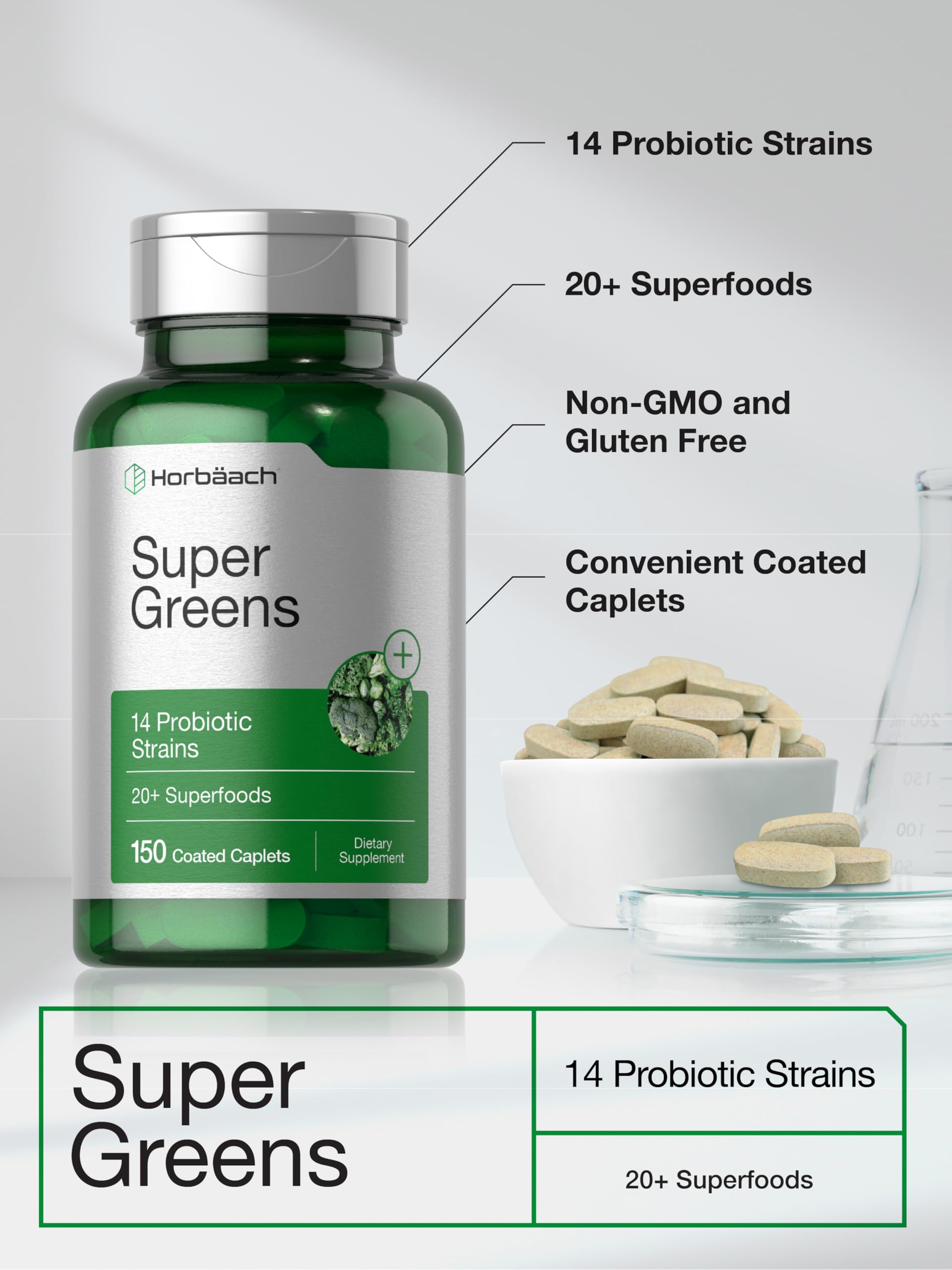 Horbäach Super Greens Supplement with Probiotics | 150 Caplets | Non-GMO, and Gluten Free - Image 4