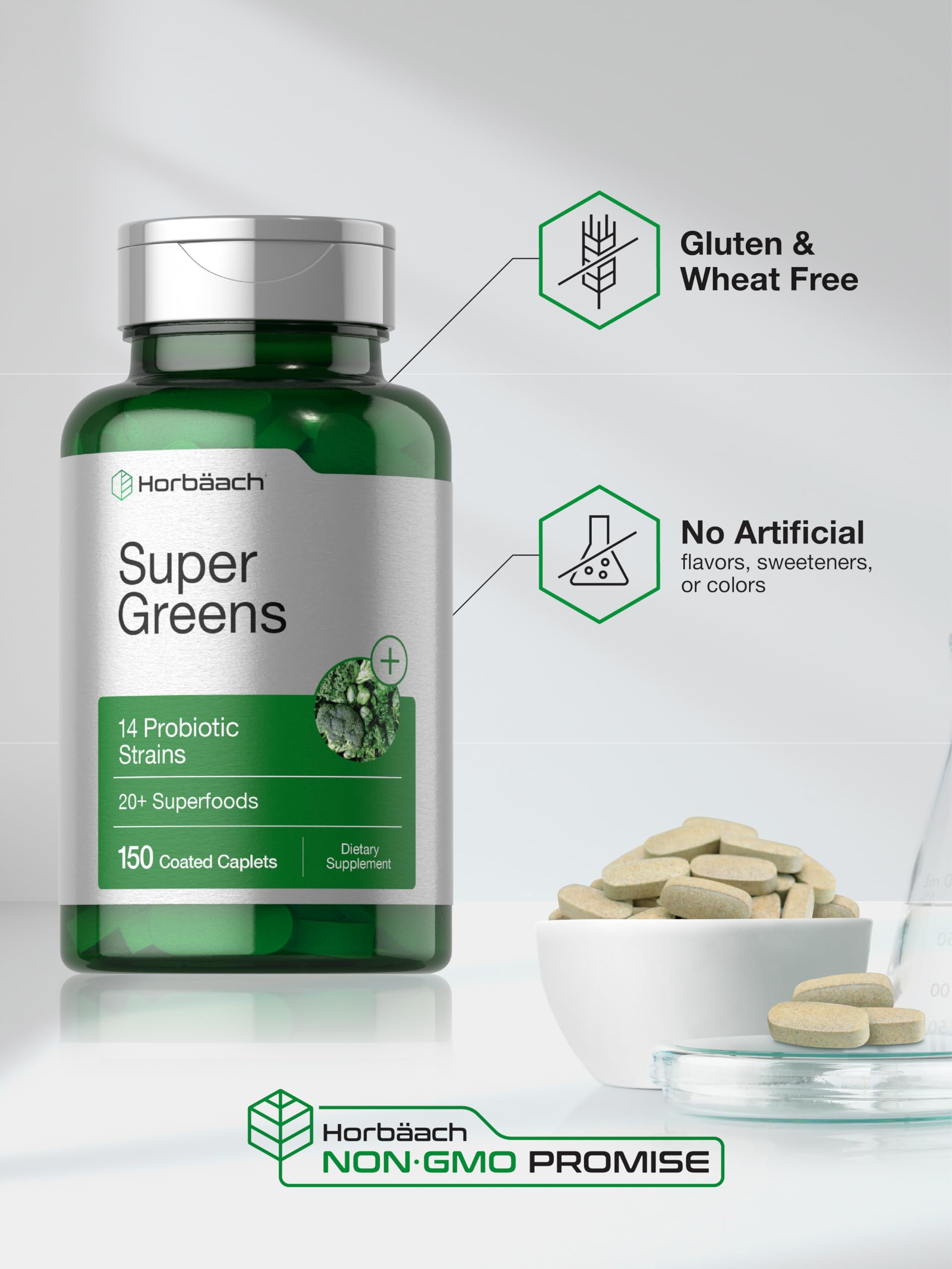 Horbäach Super Greens Supplement with Probiotics | 150 Caplets | Non-GMO, and Gluten Free - Image 5