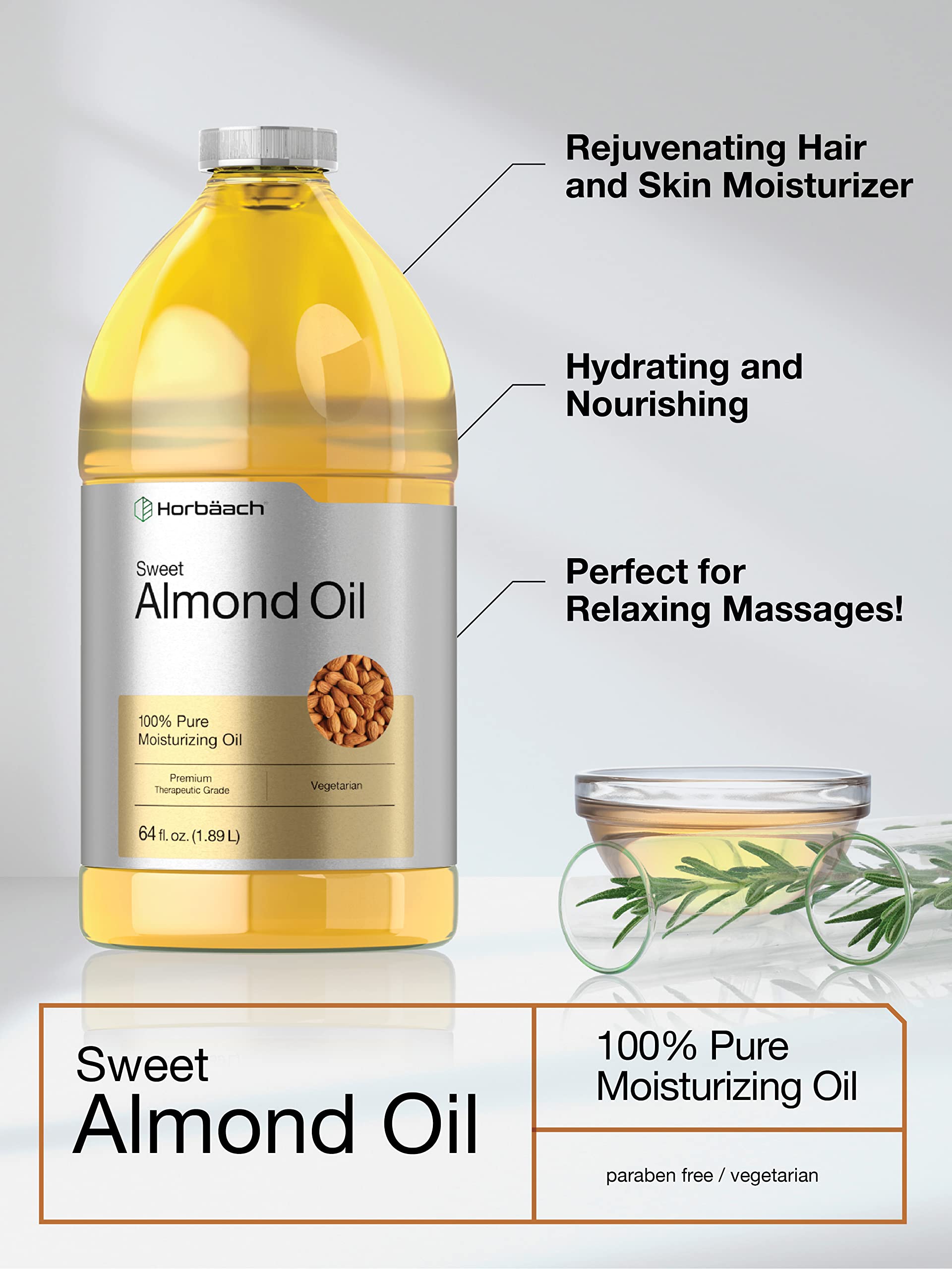 Horbäach Sweet Almond Oil 64 fl oz | for Hair and Skin | Cold Pressed & Hexane Free | Bulk Size Carrier Oil | Vegan, Non-GMO, Cruelty Free - Image 3