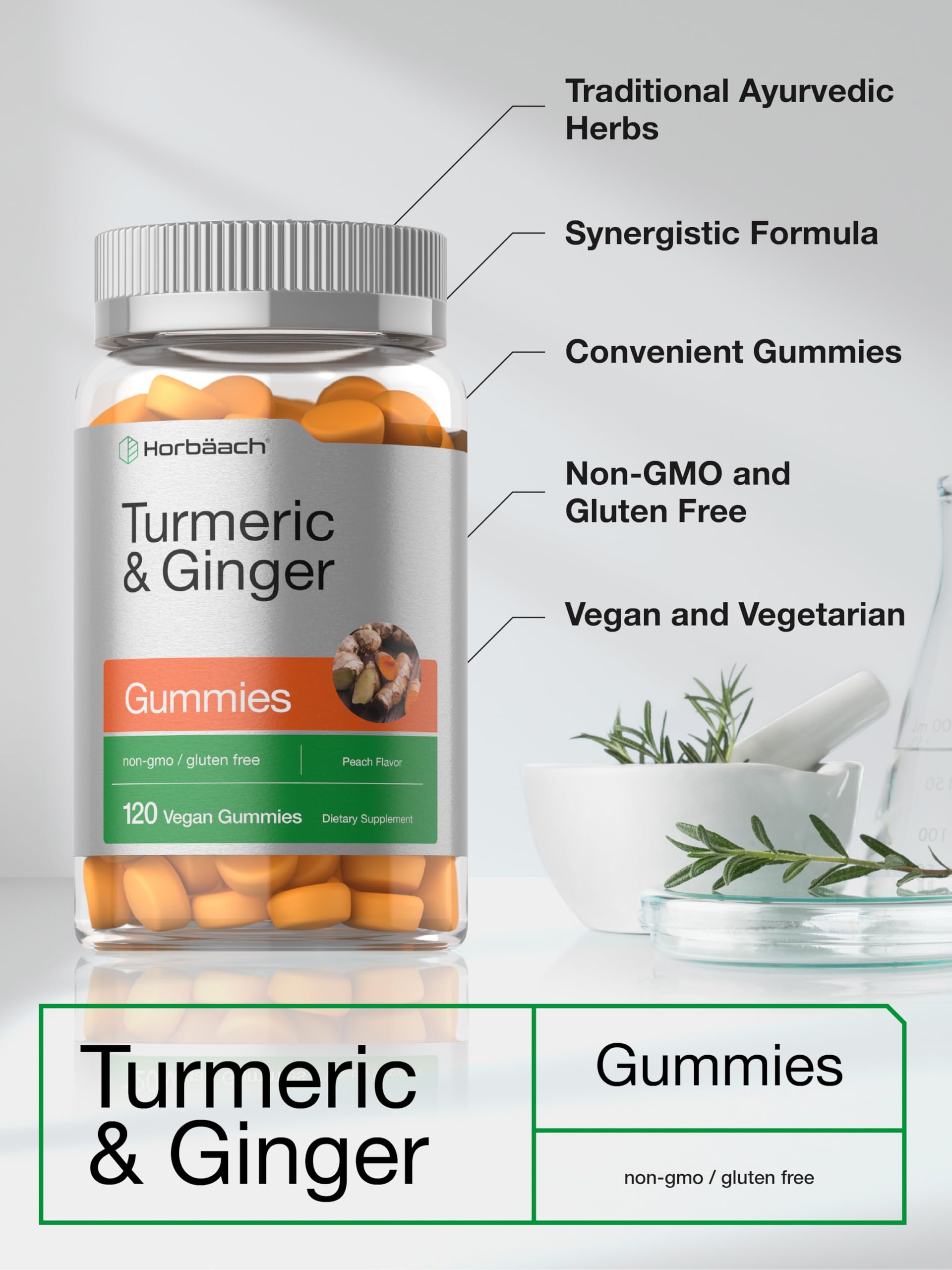 Horbäach Turmeric and Ginger Gummies | 120 Count | Peach Flavor | Vegan Non-GMO & Gluten Free Supplement - Image 4
