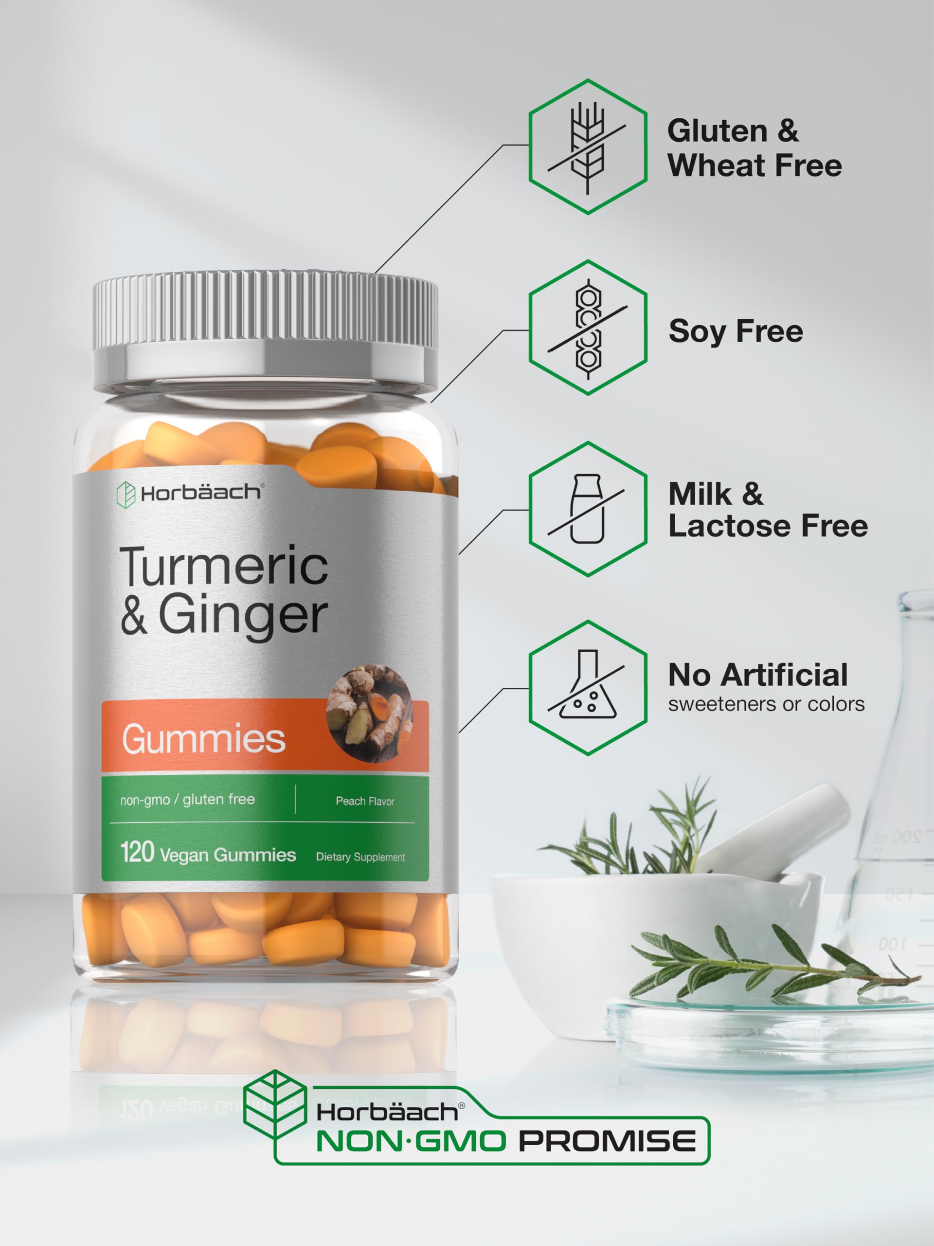Horbäach Turmeric and Ginger Gummies | 120 Count | Peach Flavor | Vegan Non-GMO & Gluten Free Supplement - Image 5