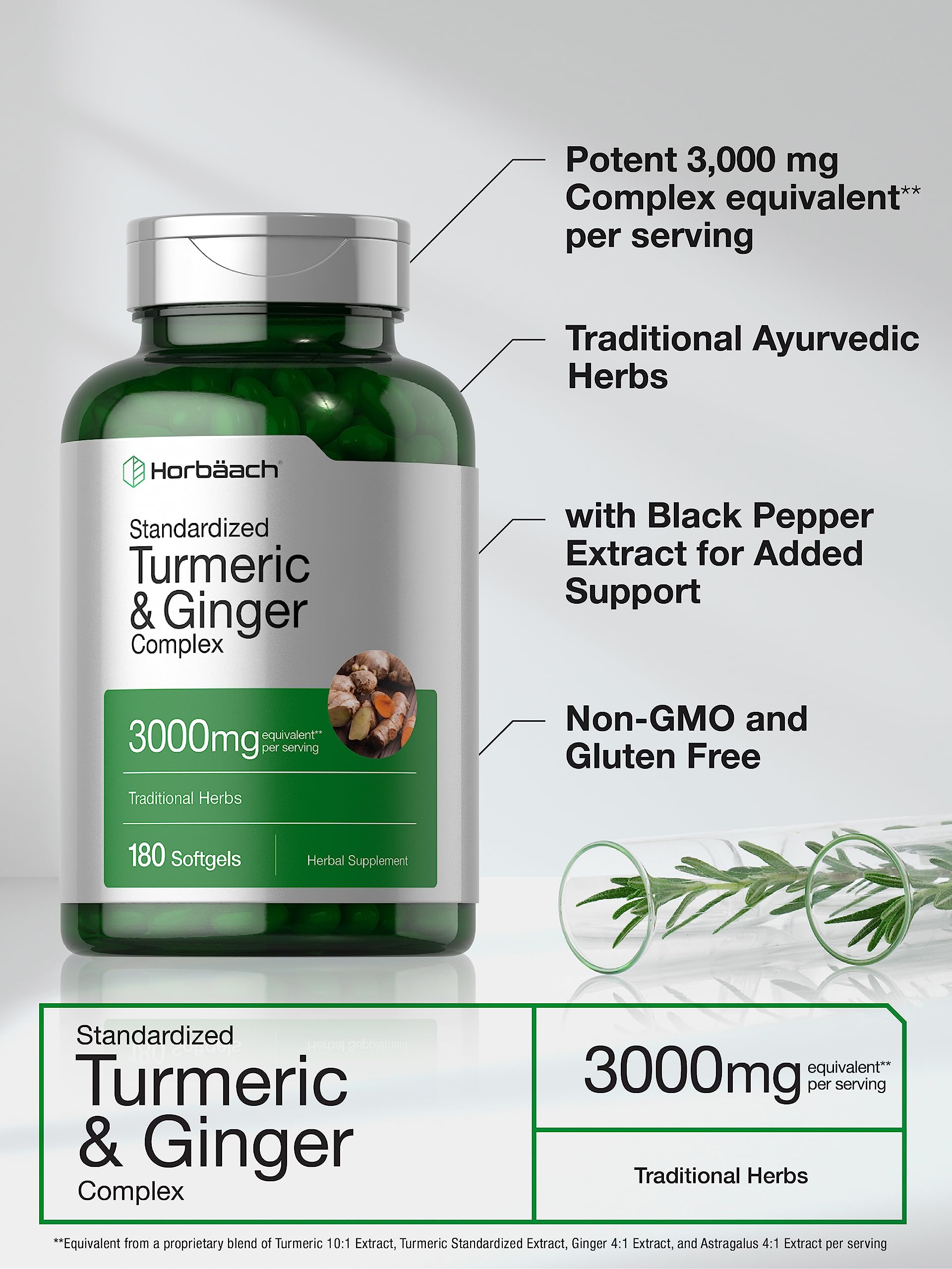 Horbäach Turmeric and Ginger Supplement | 180 Softgel Pills | with Black Pepper Extract | Non-GMO, Gluten Free Supplement - Image 3