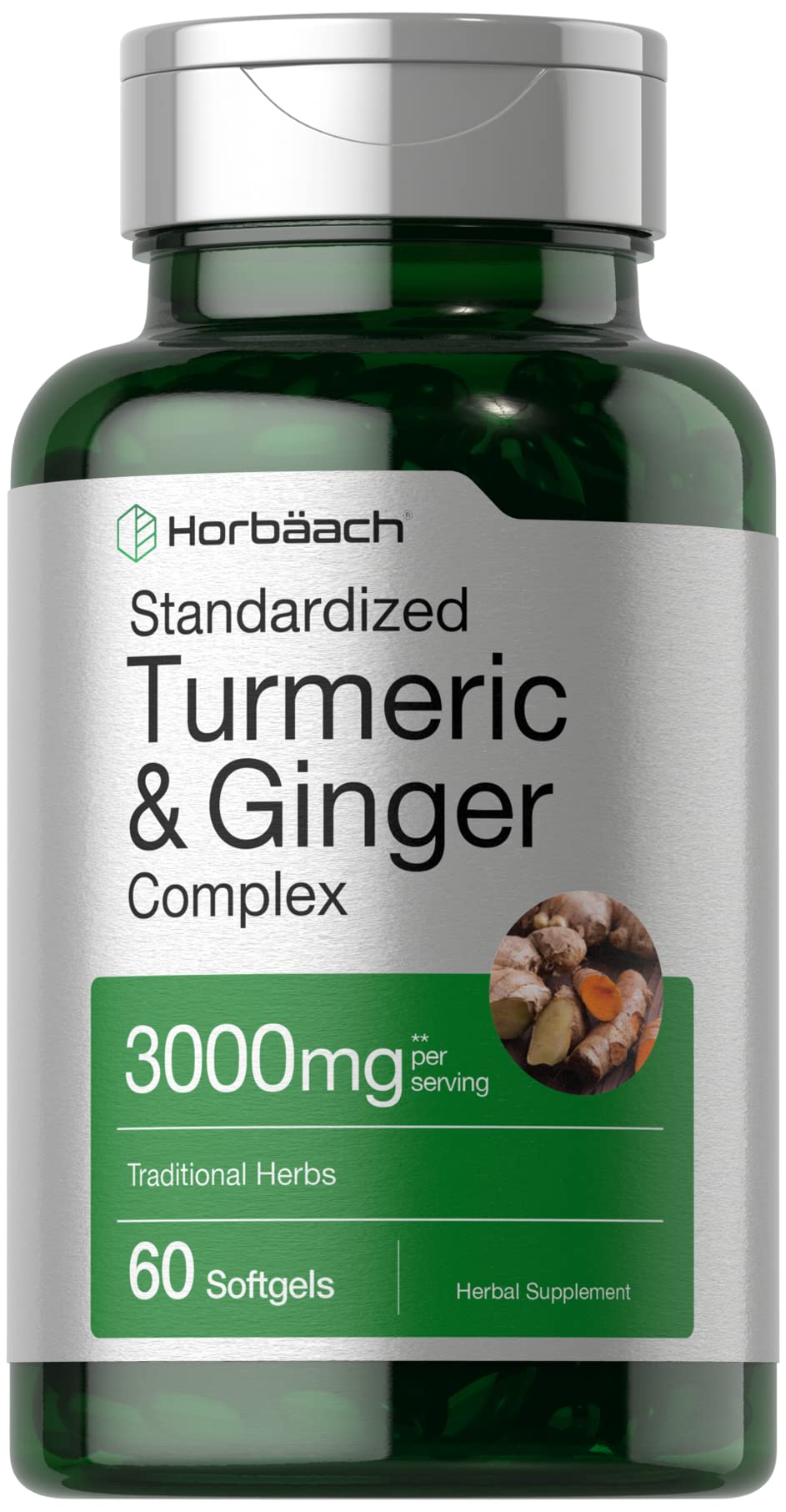 Horbäach Turmeric and Ginger Supplement | 60 Softgel Capsules | Turmeric Curcumin Complex with Black Pepper Extract | Non-GMO, Gluten Free