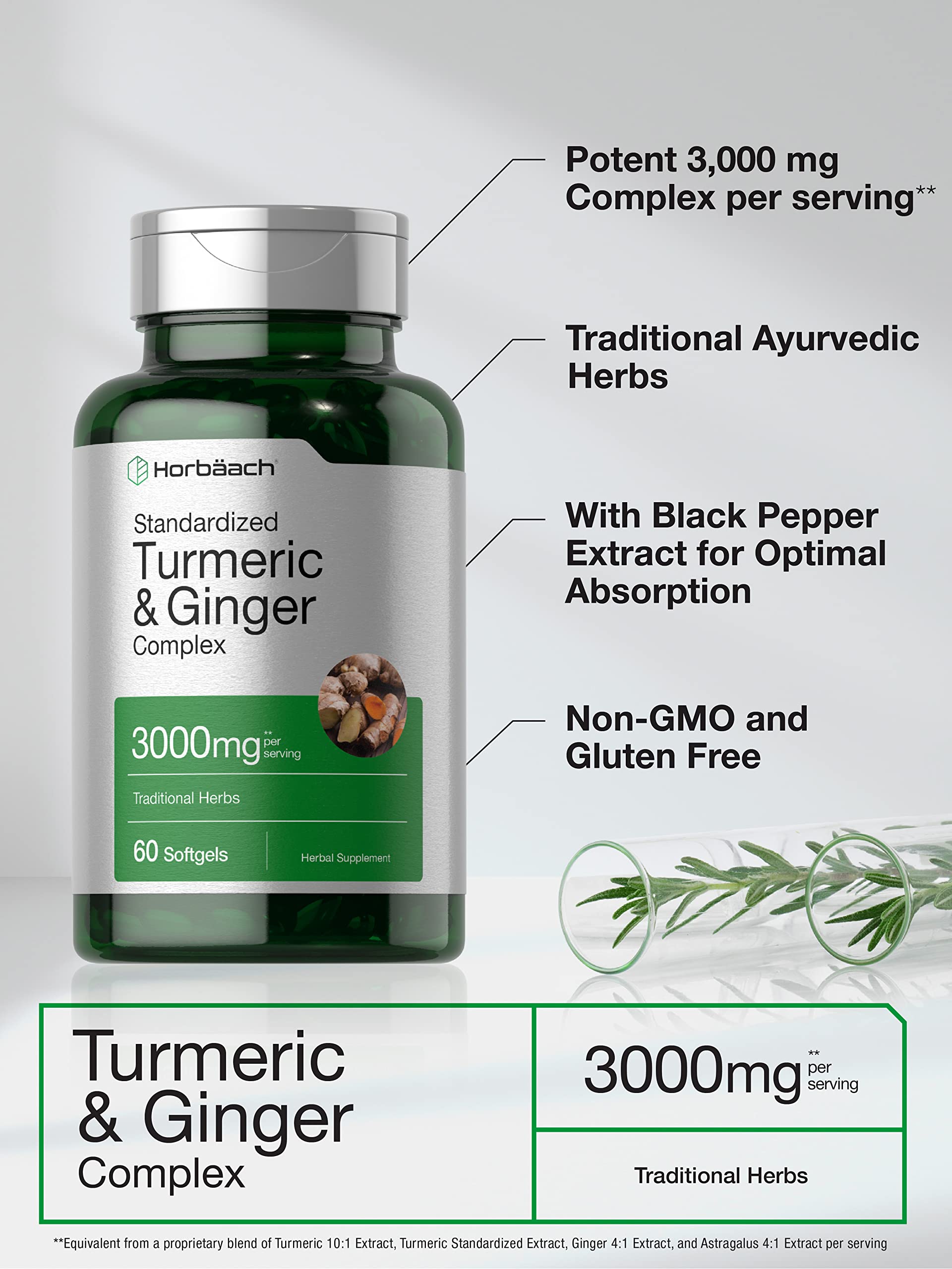 Horbäach Turmeric and Ginger Supplement | 60 Softgel Capsules | Turmeric Curcumin Complex with Black Pepper Extract | Non-GMO, Gluten Free - Image 3