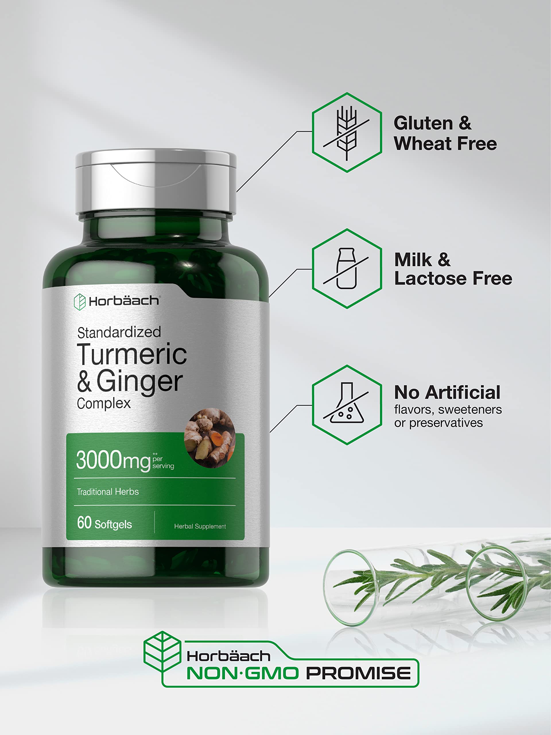 Horbäach Turmeric and Ginger Supplement | 60 Softgel Capsules | Turmeric Curcumin Complex with Black Pepper Extract | Non-GMO, Gluten Free - Image 4