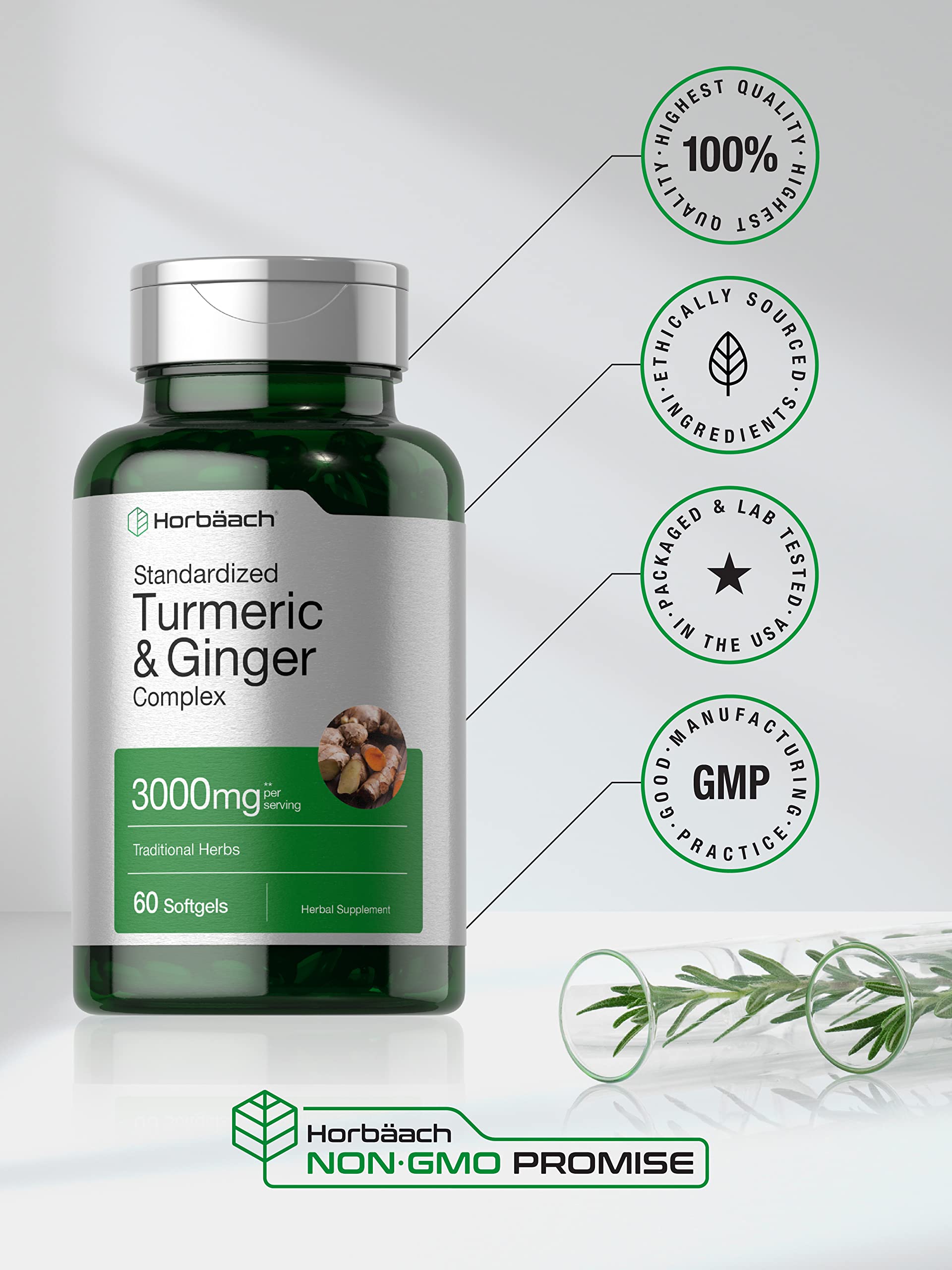Horbäach Turmeric and Ginger Supplement | 60 Softgel Capsules | Turmeric Curcumin Complex with Black Pepper Extract | Non-GMO, Gluten Free - Image 5