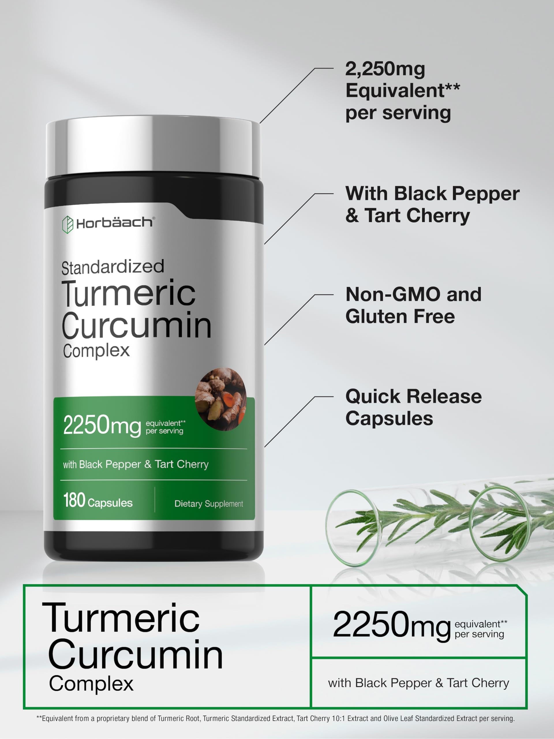 Horbäach Turmeric Curcumin Supplement | 180 Capsules | with Black Pepper & Tart Cherry | Non-GMO & Gluten Free - Image 4