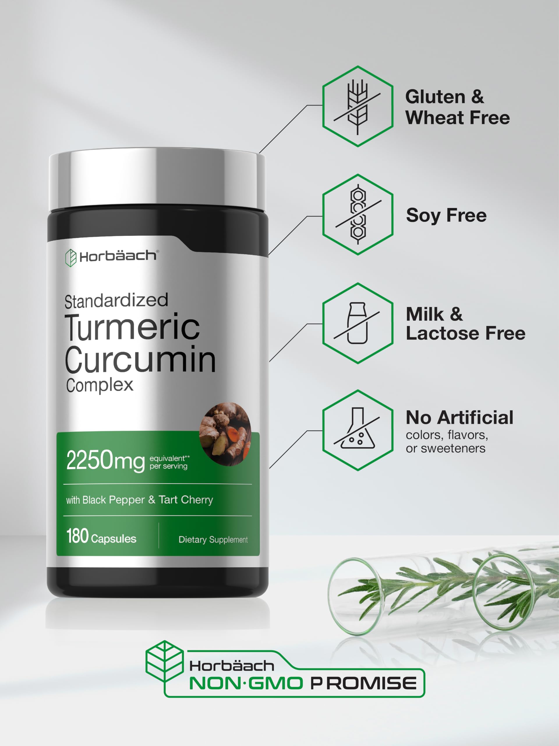 Horbäach Turmeric Curcumin Supplement | 180 Capsules | with Black Pepper & Tart Cherry | Non-GMO & Gluten Free - Image 5
