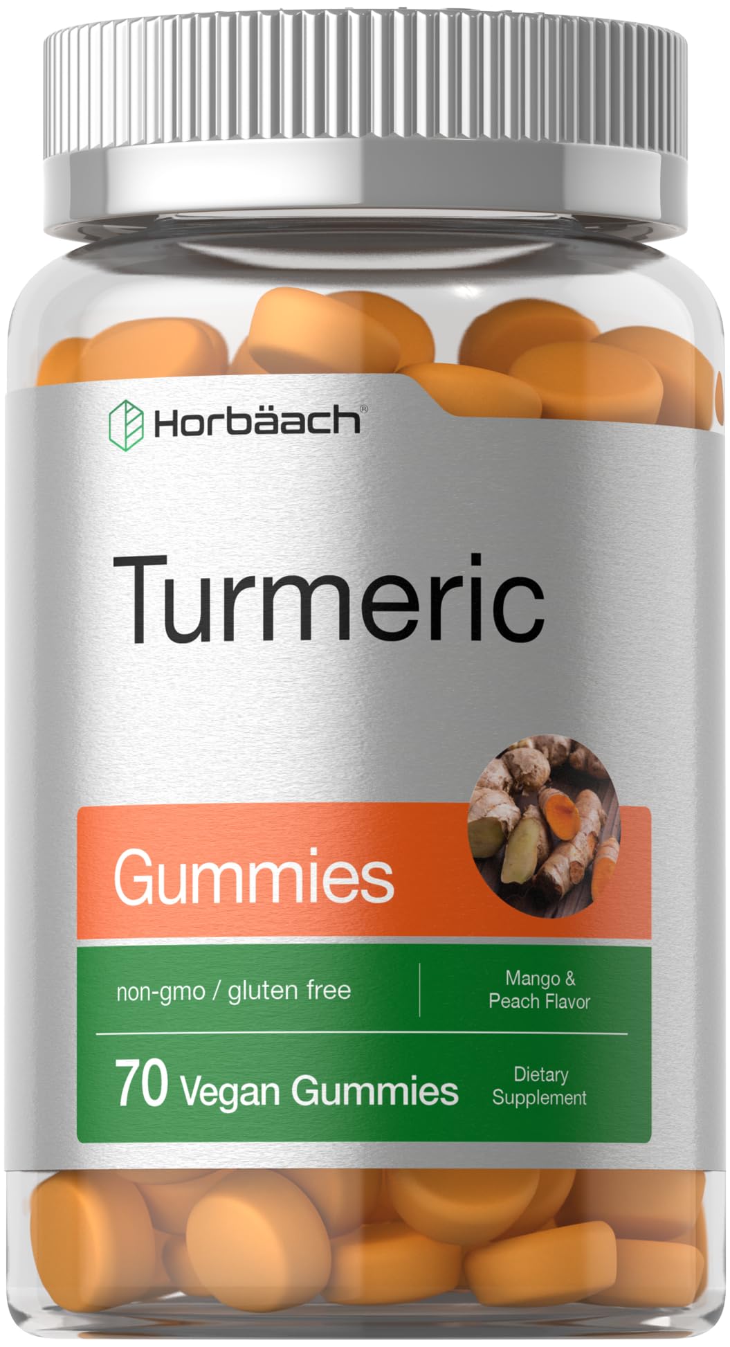 Horbäach Turmeric Gummies | 70 Count | Mango & Peach Flavor | Turmeric Curcumin with Ginger | Vegan Non-GMO & Gluten Free Supplement