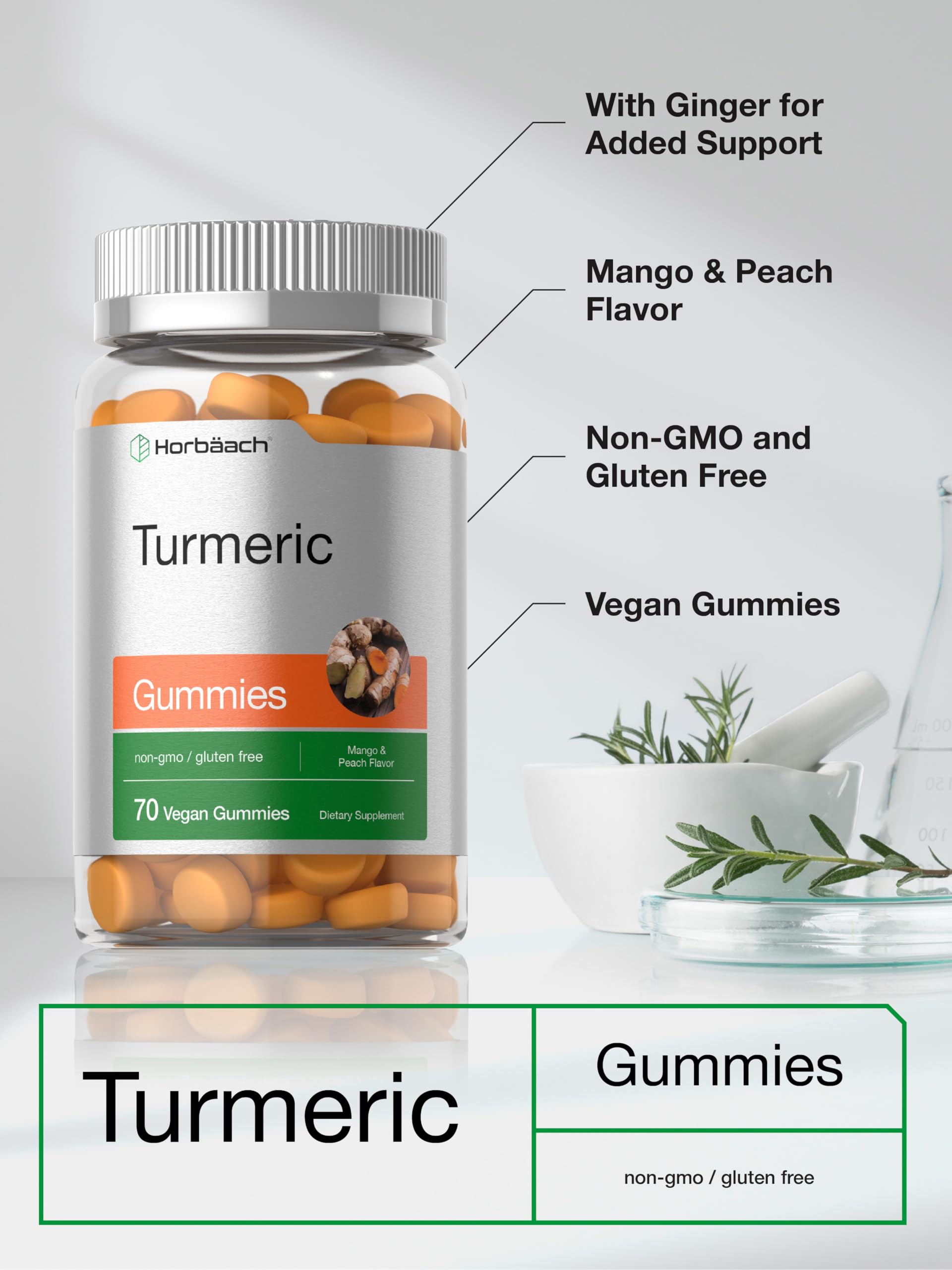 Horbäach Turmeric Gummies | 70 Count | Mango & Peach Flavor | Turmeric Curcumin with Ginger | Vegan Non-GMO & Gluten Free Supplement - Image 4