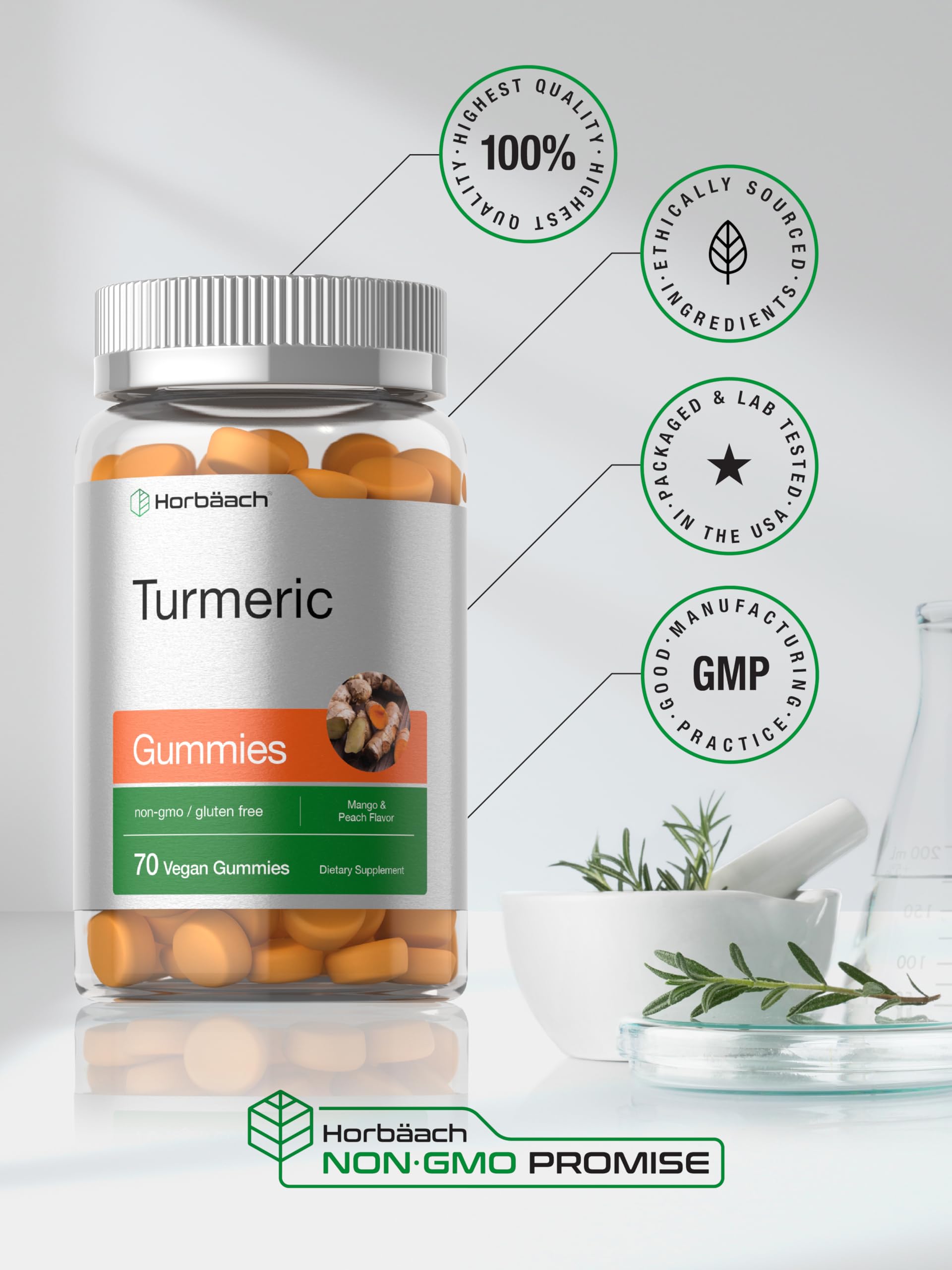 Horbäach Turmeric Gummies | 70 Count | Mango & Peach Flavor | Turmeric Curcumin with Ginger | Vegan Non-GMO & Gluten Free Supplement - Image 6