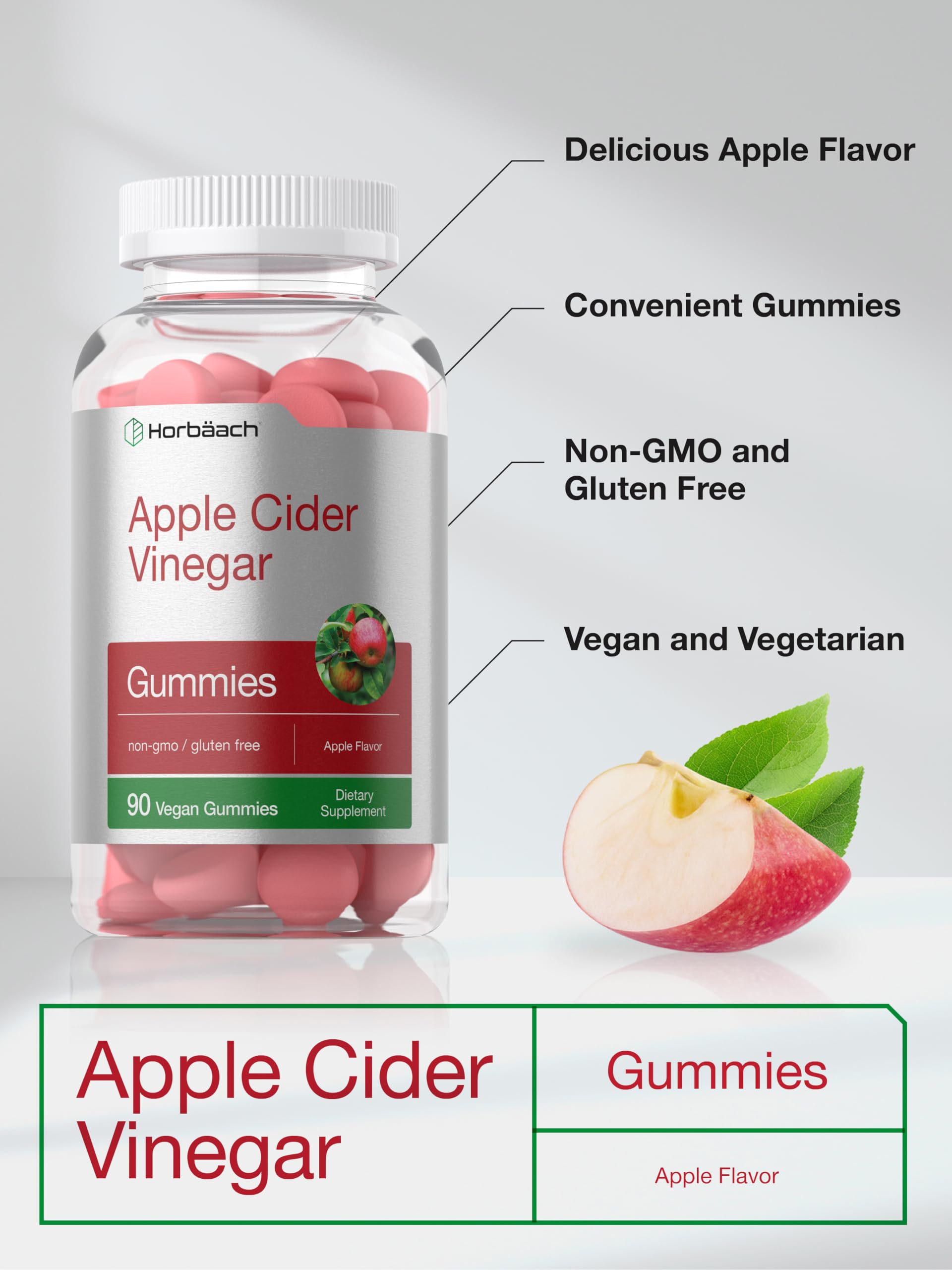 Horbäach Vegan Apple Cider Vinegar Gummies | 90 Count | ACV Supplement | Apple Flavor | Non-GMO, Gluten Free Gummies for Adults - Image 4