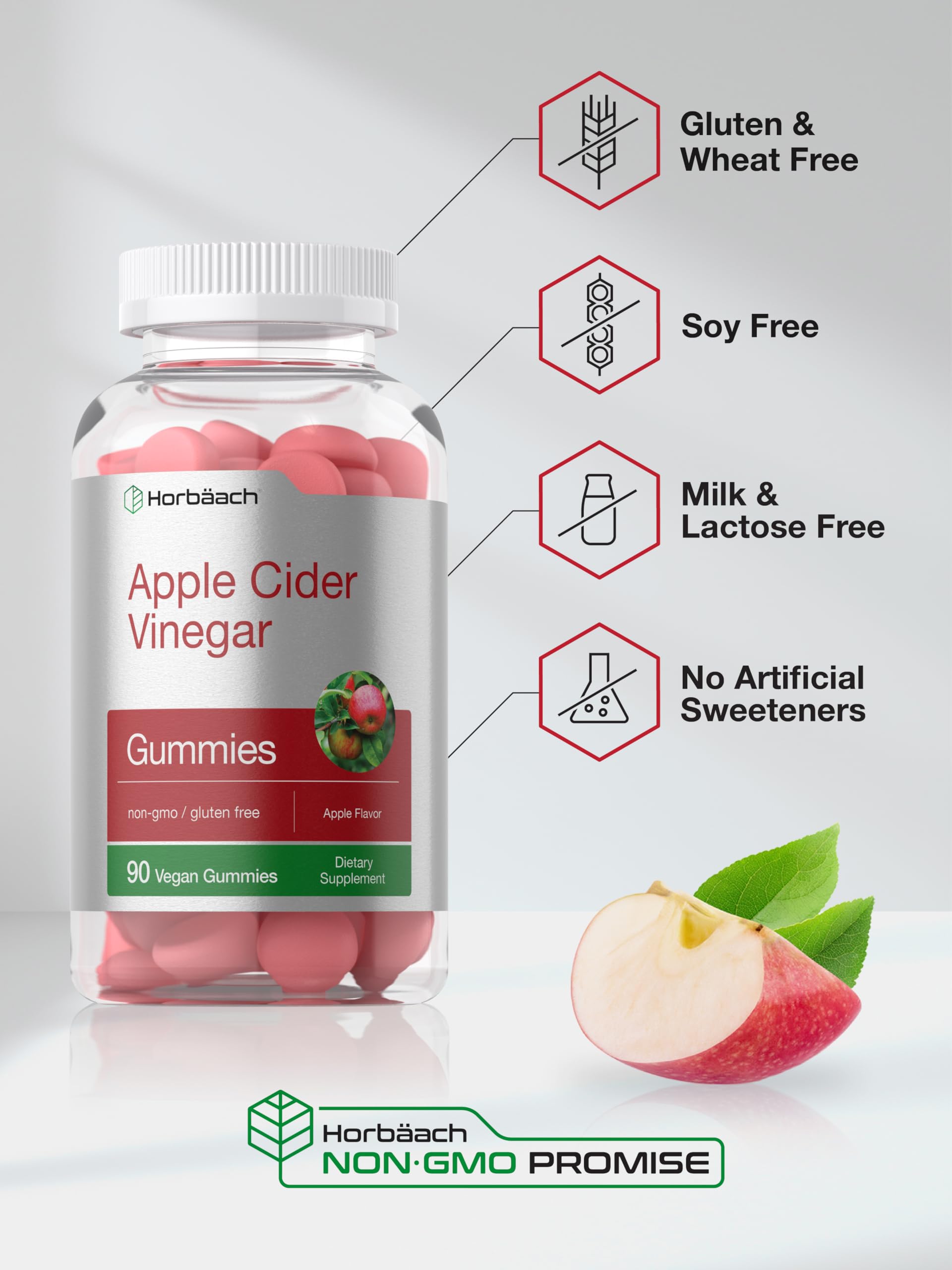 Horbäach Vegan Apple Cider Vinegar Gummies | 90 Count | ACV Supplement | Apple Flavor | Non-GMO, Gluten Free Gummies for Adults - Image 5