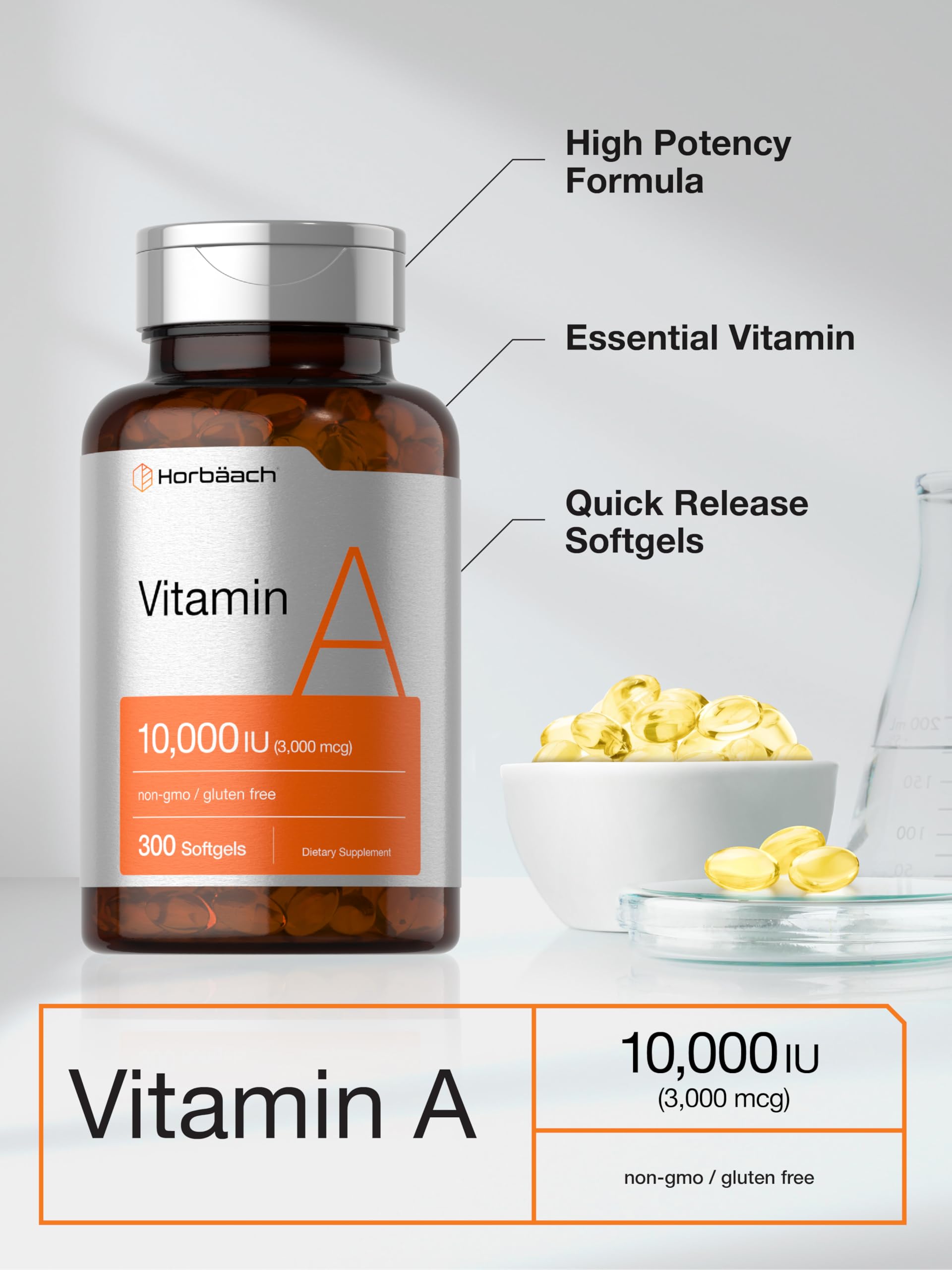 Horbäach Vitamin A 10000 IU Softgels | 300 Count | Non-GMO, Gluten Free Supplement - Image 4