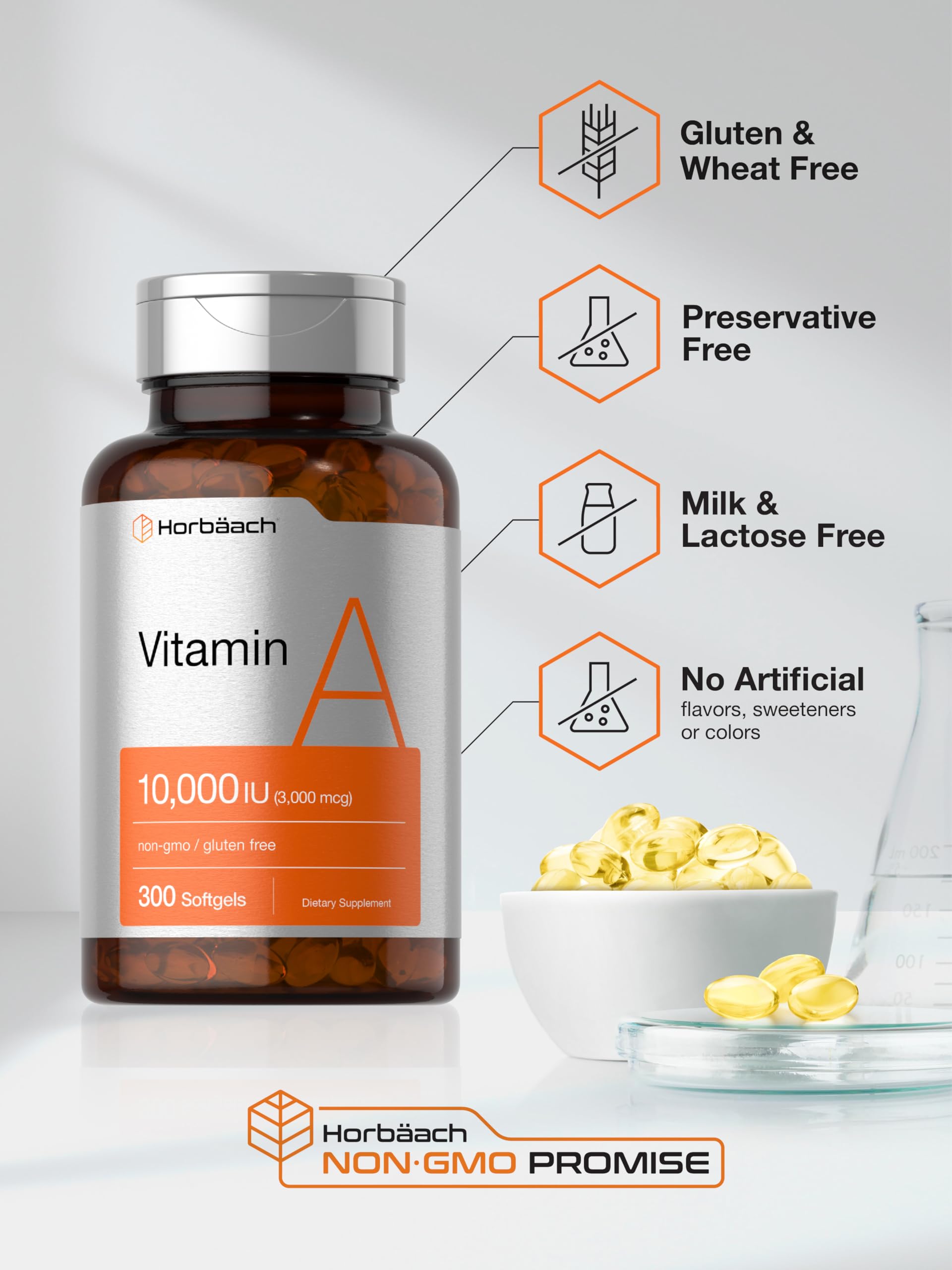 Horbäach Vitamin A 10000 IU Softgels | 300 Count | Non-GMO, Gluten Free Supplement - Image 5