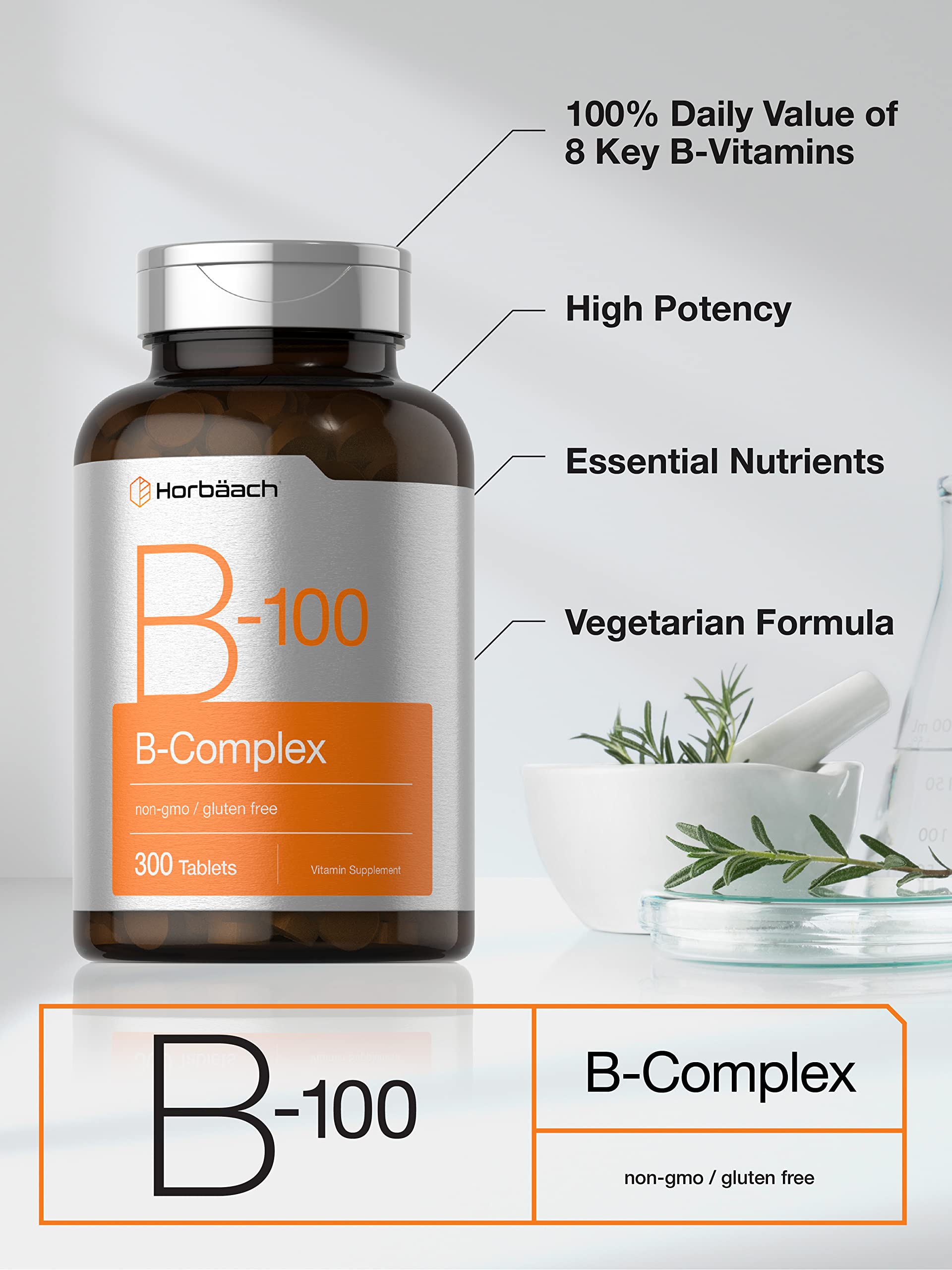 Horbäach Vitamin B-100 Complex | 100% of Daily Value | 300 Tablets | Vegetarian, Non-GMO, and Gluten Free Supplement - Image 3
