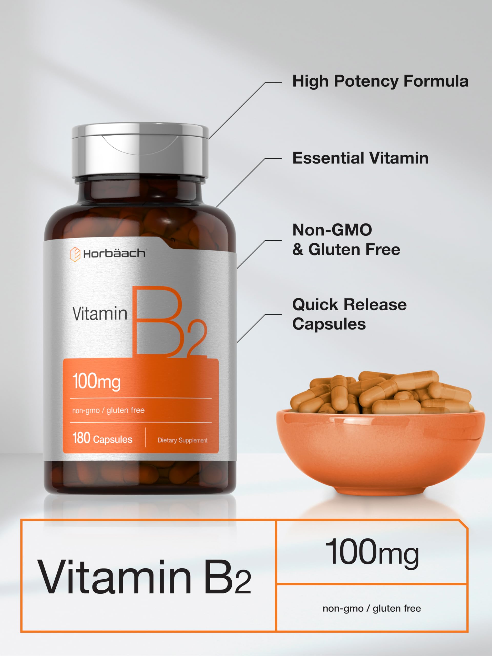 Horbäach Vitamin B2 100mg | 180 Capsules | Riboflavin Supplement | Non-GMO & Gluten Free - Image 4