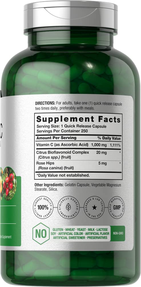 Horbäach Vitamin C 1000mg | 250 Capsules | with Bioflavonoids and Rose Hips | Non-GMO, Gluten Free Supplement | High Strength Formula - Image 2