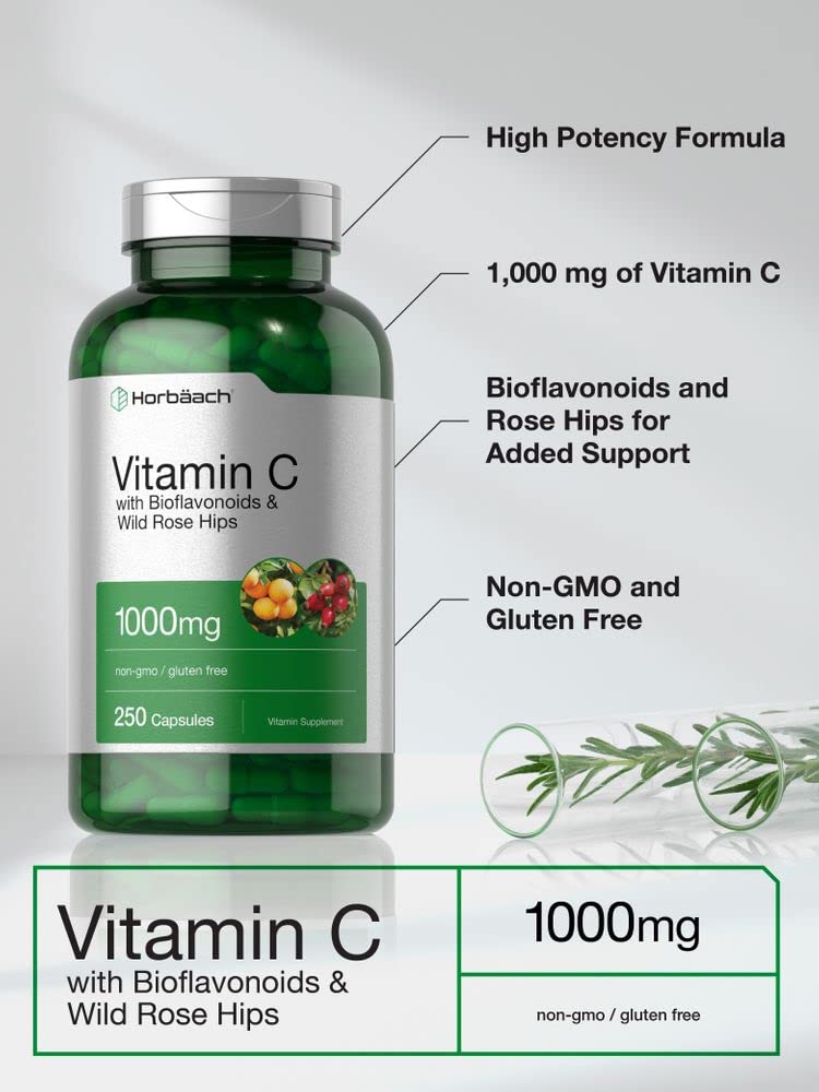 Horbäach Vitamin C 1000mg | 250 Capsules | with Bioflavonoids and Rose Hips | Non-GMO, Gluten Free Supplement | High Strength Formula - Image 3