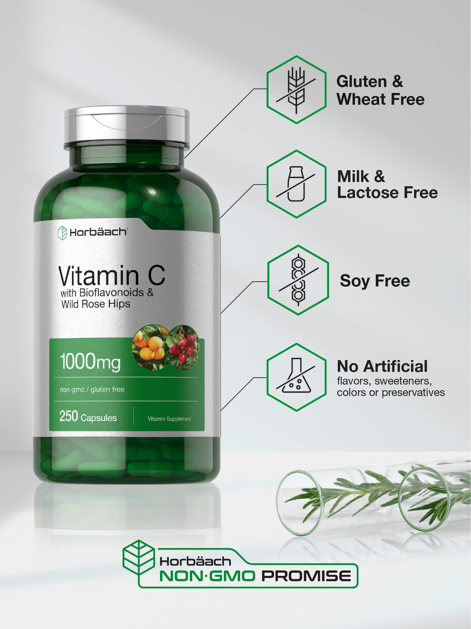 Horbäach Vitamin C 1000mg | 250 Capsules | with Bioflavonoids and Rose Hips | Non-GMO, Gluten Free Supplement | High Strength Formula - Image 4