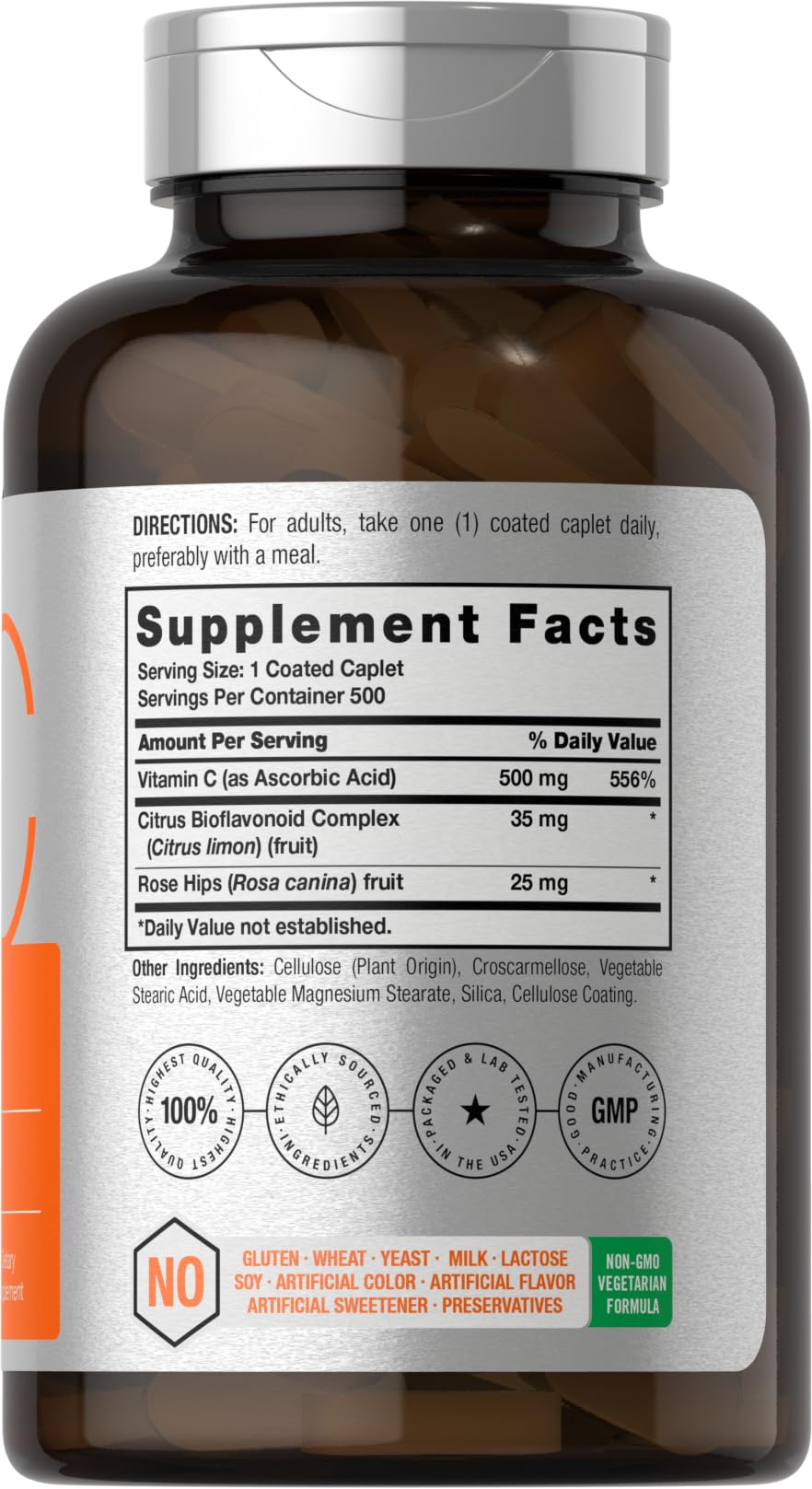 Horbäach Vitamin C 500mg | 500 Caplets | with Bioflavonoids and Rose HIPS | Supplement for Women and Men | Vegetarian, Non-GMO, and Gluten Free - Image 2