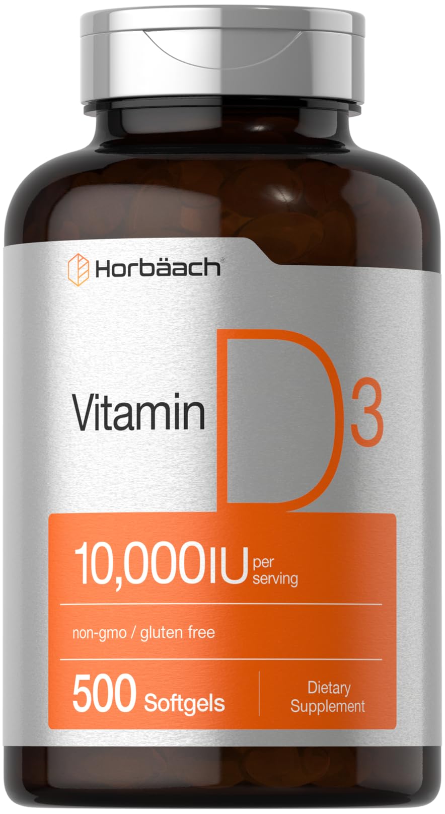 Horbäach Vitamin D3 10000 IU | 500 Softgels | Non-GMO, Gluten Free Supplement | Value Size | 250mcg | High Potency Formula
