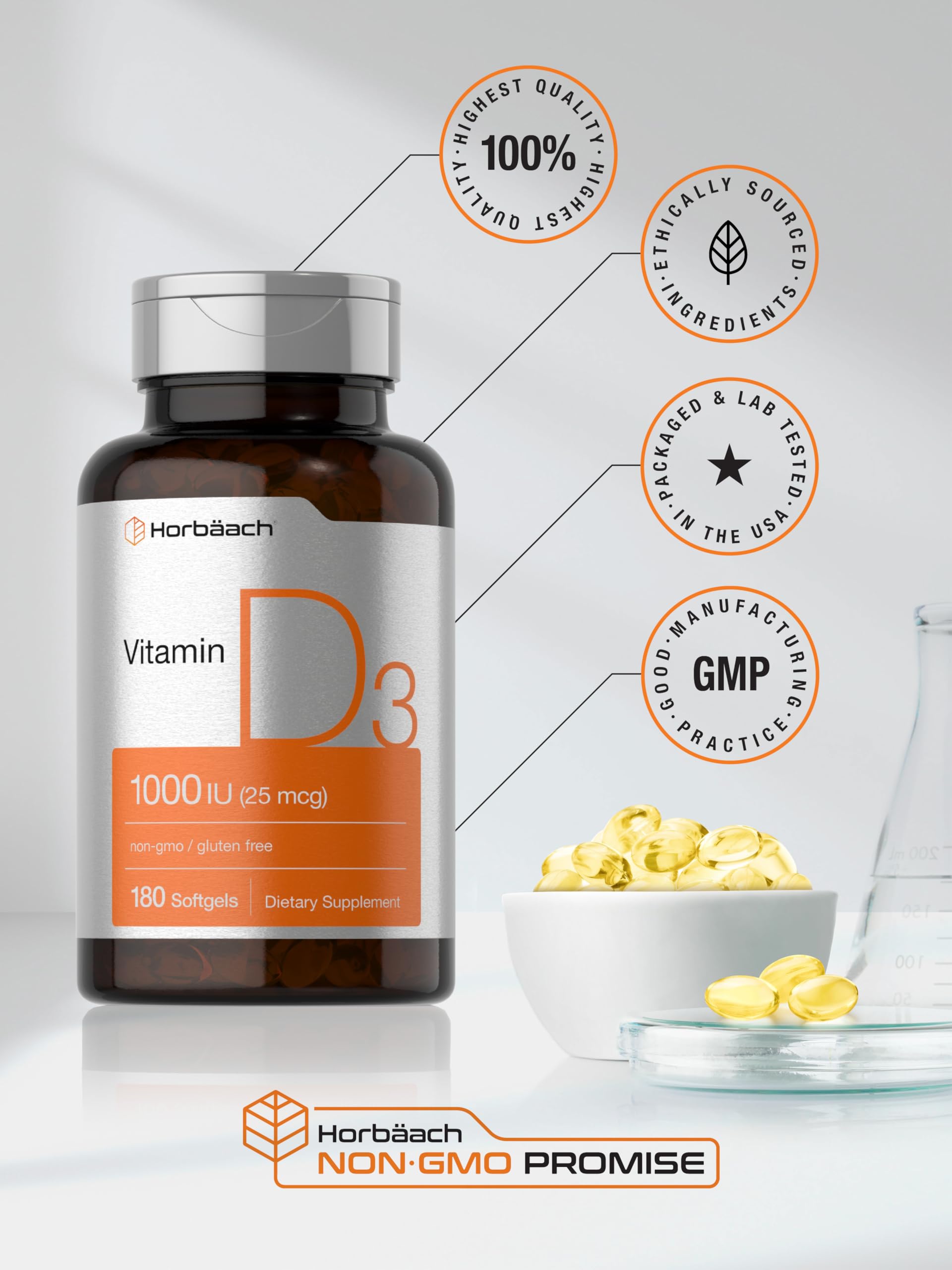 Horbäach Vitamin D3 1000IU (25mcg) Softgels | 180 Count | High Potency Formula | Non-GMO & Gluten Free Supplement - Image 6