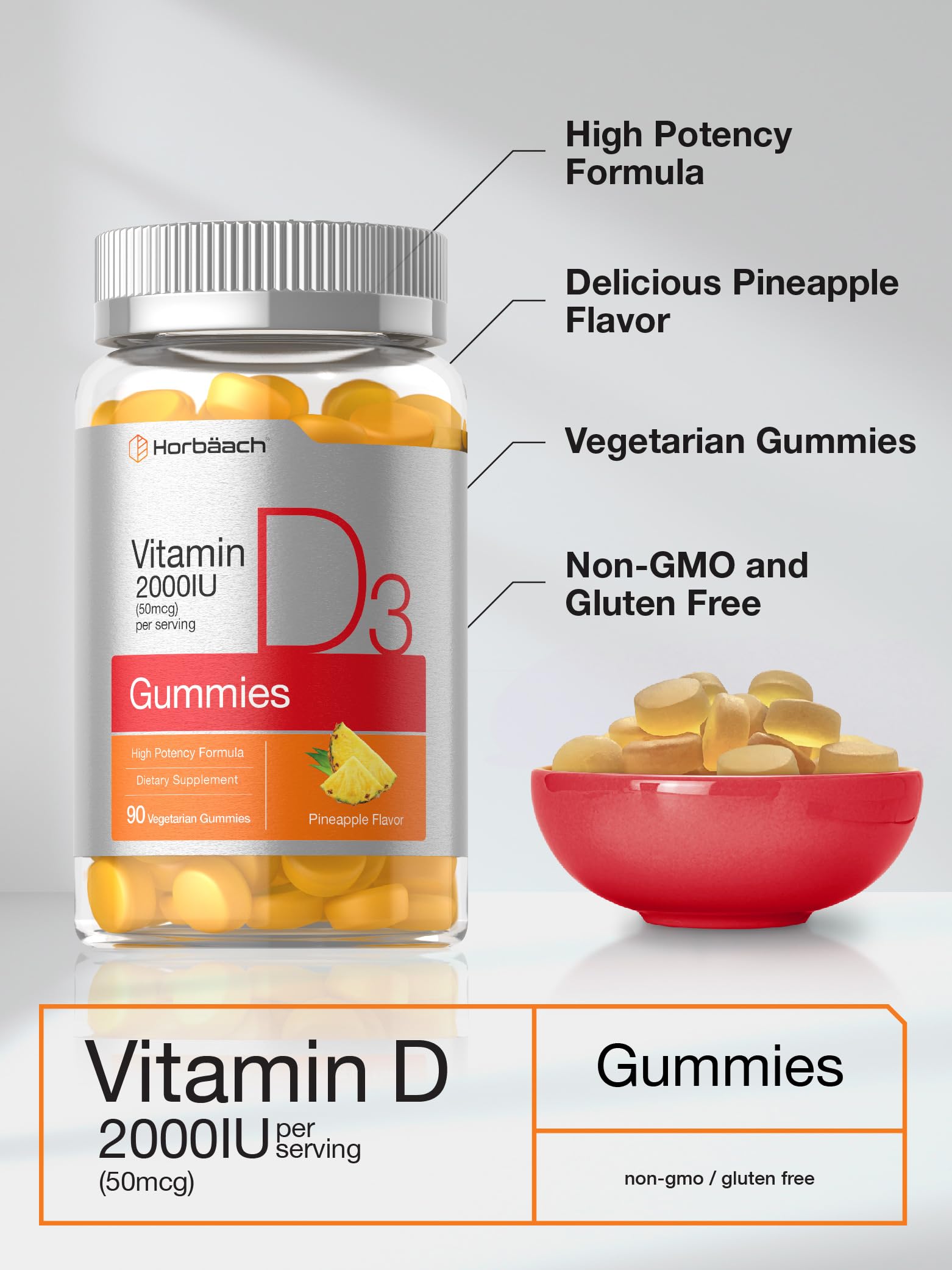 Horbäach Vitamin D3 2000iu Gummies | 90 Count | Vegetarian | Pineapple Flavor | 50 mcg | Non-GMO, Gluten Free Vitamin D Supplement - Image 4