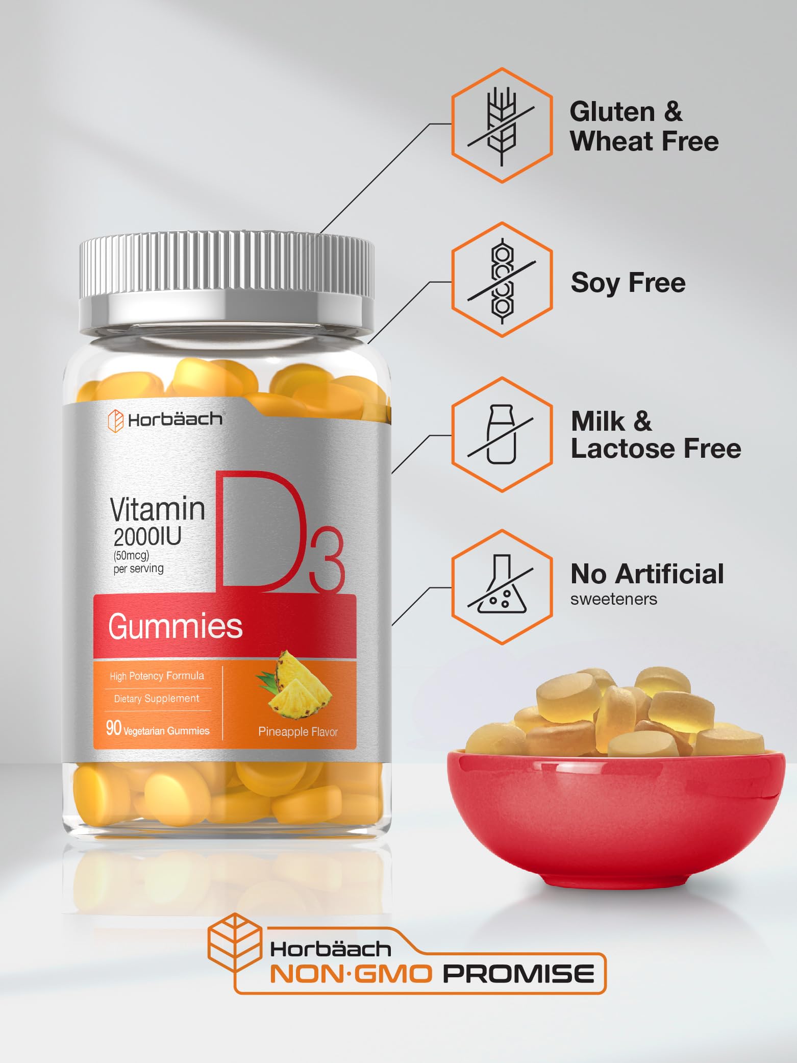 Horbäach Vitamin D3 2000iu Gummies | 90 Count | Vegetarian | Pineapple Flavor | 50 mcg | Non-GMO, Gluten Free Vitamin D Supplement - Image 5