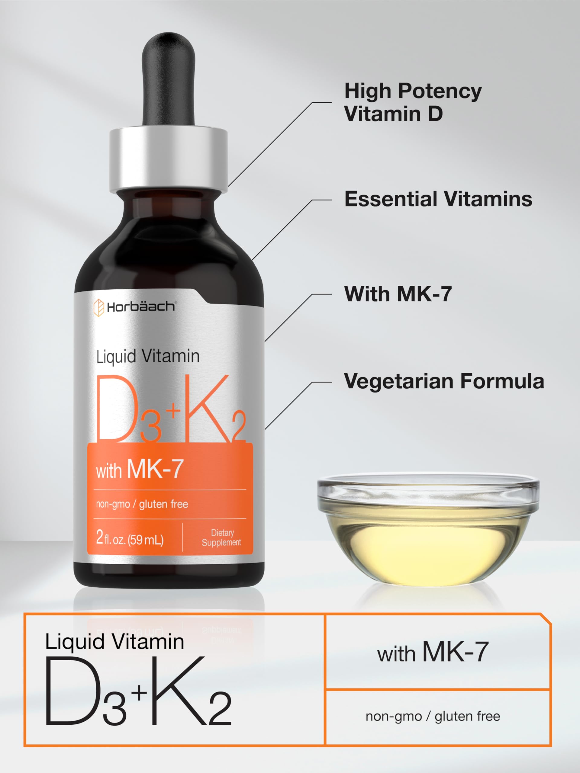 Horbäach Vitamin D3 K2 Liquid Drops | with MK7 | 2 Fl Oz | Vegetarian, Non-GMO, Gluten Free Supplement - Image 4