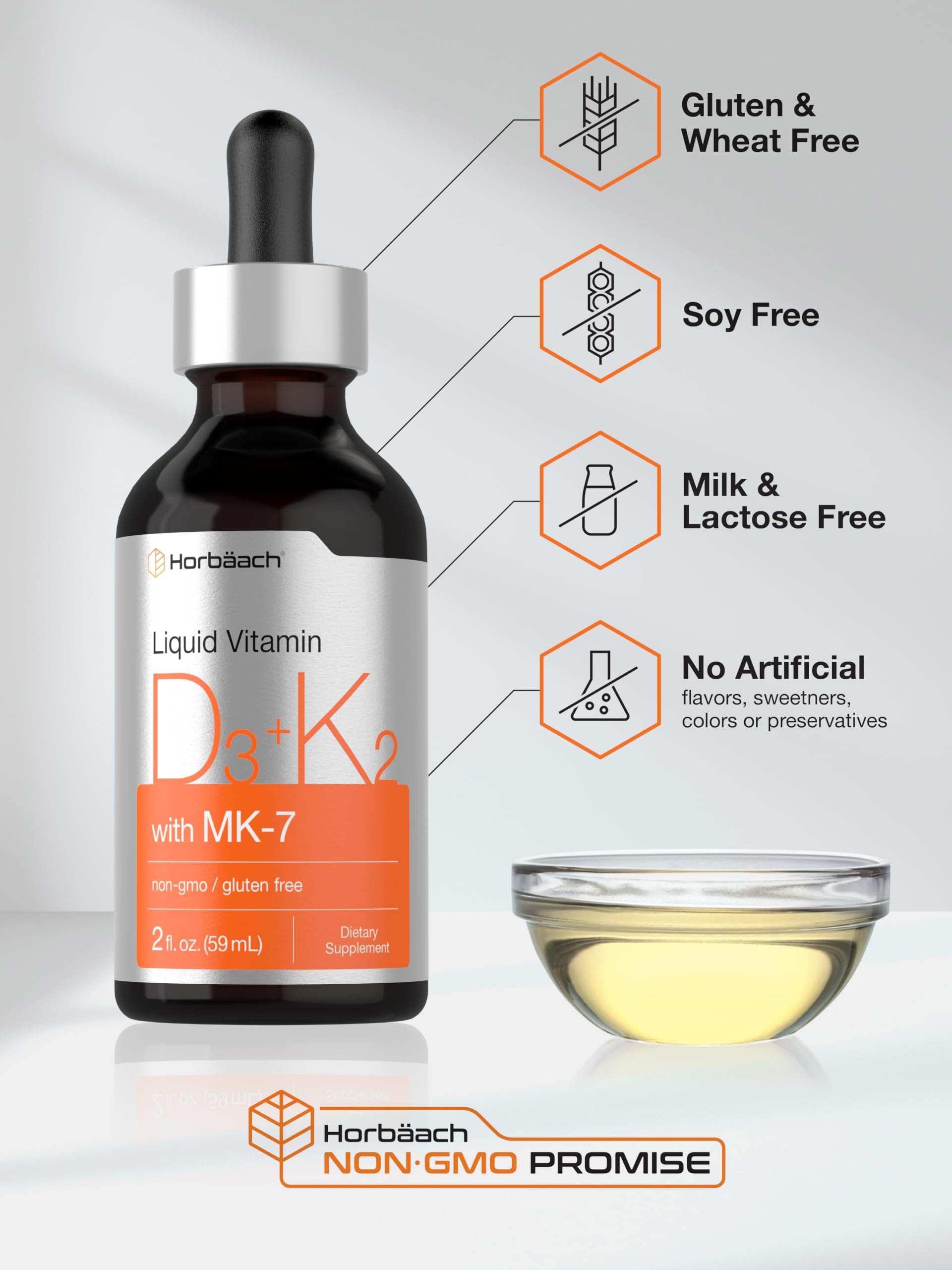Horbäach Vitamin D3 K2 Liquid Drops | with MK7 | 2 Fl Oz | Vegetarian, Non-GMO, Gluten Free Supplement - Image 5